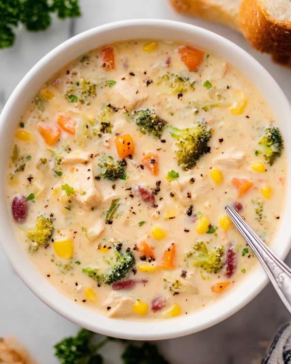 A close-up view of a creamy soup in a white pot, filled with chunks of orange carrots, green broccoli florets, and beige potato pieces, all mixed in a thick light yellow broth with visible small green herb flakes and bits of shredded cheese. The surface shows a smooth, slightly bubbly texture with a few specks of black pepper scattered on top, and the pot is sitting on a white marbled surface. photo taken with an iphone --ar 4:5 --v 7