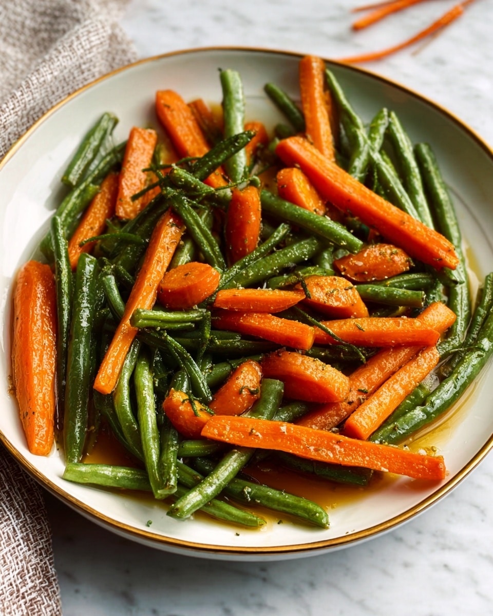 The dish shows cooked green beans and small whole carrots, both bright and shiny from a glaze. The green beans are long and fresh-looking, scattered evenly among the smooth, orange carrots. The vegetables are arranged closely in an oval, white dish, with some black pepper and light seasoning visible on top. The background is a white marbled texture, making the vibrant colors of the vegetables stand out. Photo taken with an iphone --ar 4:5 --v 7