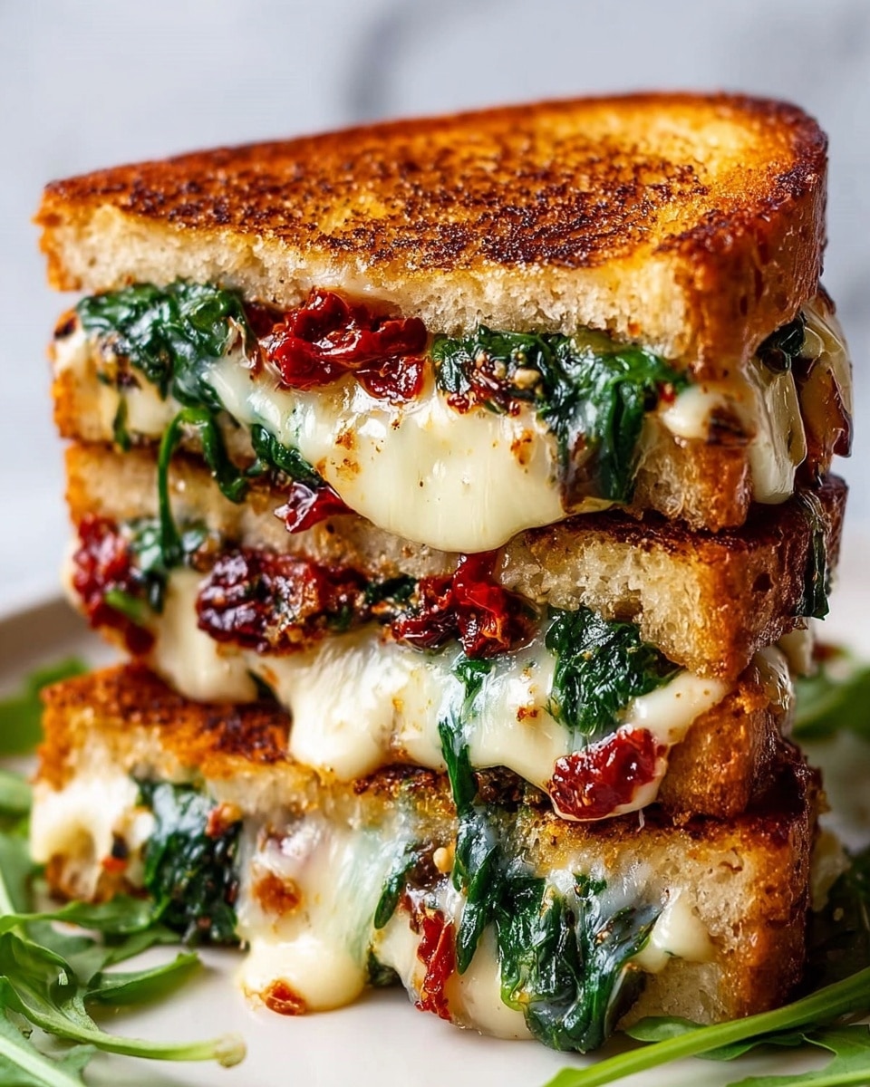 A close-up view of a toasted sandwich stacked in three layers, each layer made of golden-brown grilled bread with a slightly crispy texture. Between the bread layers is a thick, creamy white melted cheese that oozes out, mixed with vibrant green cooked spinach and pieces of deep red sun-dried tomatoes, creating a colorful and textured filling. The sandwich is placed on a white plate with some green arugula leaves visible at the bottom, all set against a white marbled textured background. photo taken with an iphone --ar 4:5 --v 7