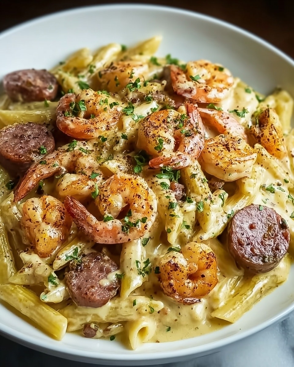 The image shows a white round plate filled with a creamy pasta dish. The pasta is penne, covered in a thick, light yellow creamy sauce that gives a smooth texture all around. On top of the pasta, there are several cooked shrimp that are orange-pink with curled shapes, mixed with slices of browned sausage round in shape. Small green herb pieces are sprinkled evenly over the dish, adding a fresh contrast to the creamy and browned colors. The food sits on a white marbled surface, and the photo has a close-up view that highlights the details and textures of the ingredients. photo taken with an iphone --ar 4:5 --v 7