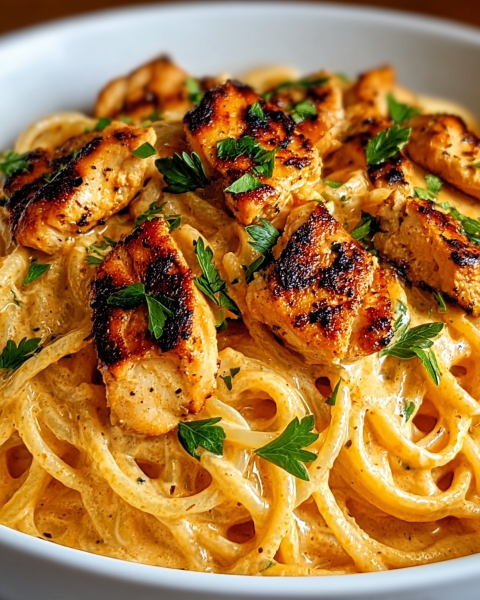 A white plate holds a serving of creamy yellow spaghetti with small red pieces mixed in, likely tomatoes, and green herbs scattered throughout. On top, there is a generous layer of browned grilled chicken pieces with a slightly charred texture and bits of green herb sprinkled over them. The creamy sauce pools around the pasta, making it look rich and smooth. The background shows a white marbled texture. photo taken with an iphone --ar 4:5 --v 7
