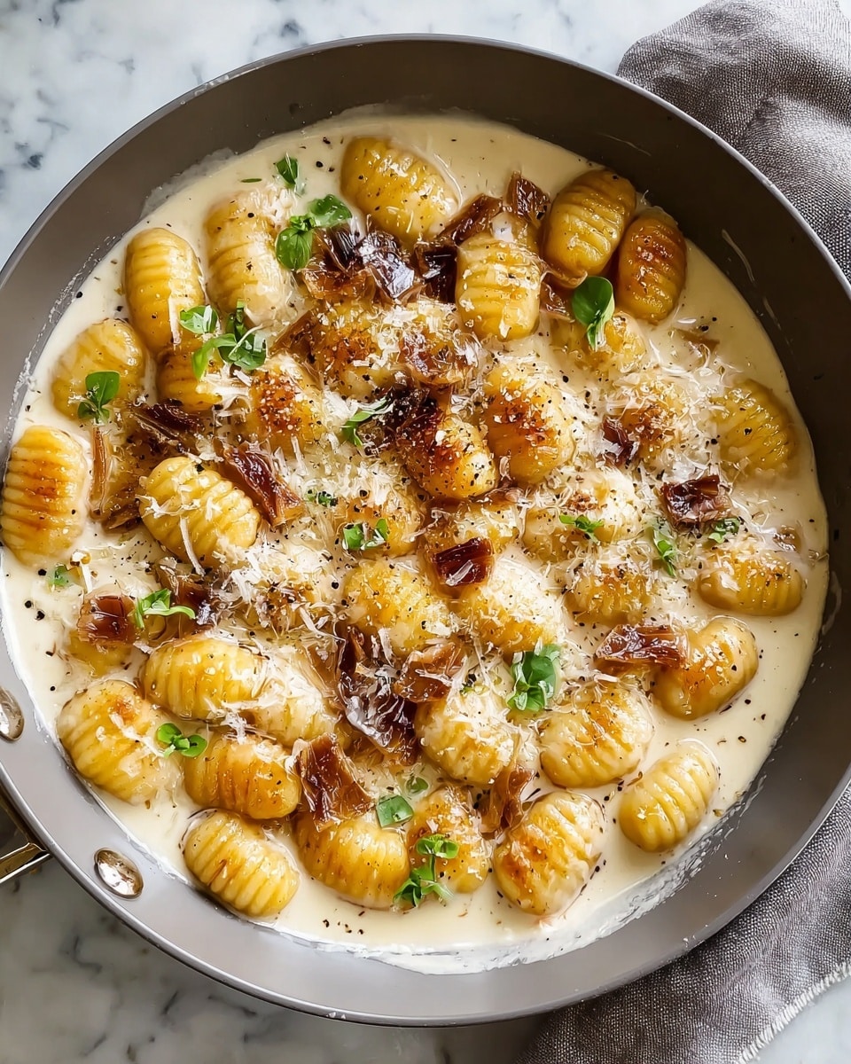 The image shows a pan filled with about three layers of food. The bottom layer is a creamy white sauce with a smooth texture, partly visible around the edges. On top of the sauce is a layer of plump, ridged, golden-yellow gnocchi browned on fewer than half of their sides, giving them a slightly crispy look. Scattered on and between the gnocchi are small, uneven pieces of browned, caramelized onions with a glossy look. Tiny green herb leaves are sprinkled lightly over the dish, adding a touch of color. The whole dish is topped with a fine dusting of grated white cheese and a few cracks of black pepper. The pan rests on a white marbled surface with a gray cloth partially visible on the side. photo taken with an iphone --ar 4:5 --v 7