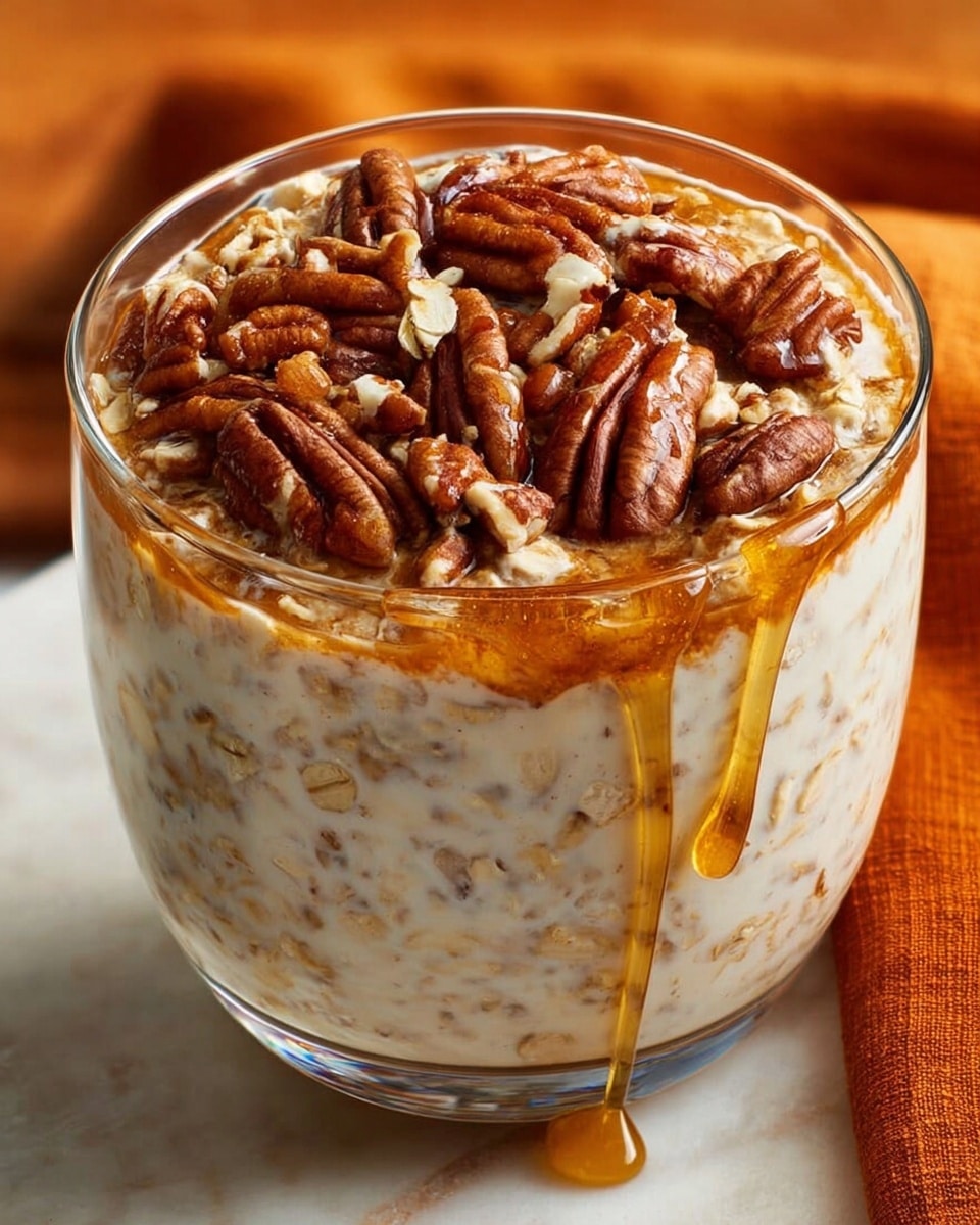 A clear round glass container filled with two layers: the bottom layer is creamy oatmeal mixed evenly with small oat pieces, showing a light beige color with specks of oats. The top layer has a generous amount of whole and chopped pecans scattered across the surface, rich brown in color with a glossy texture. Golden syrup drizzles slowly over the top, some flowing down the side of the glass, adding a shiny amber contrast. The container sits on a white marbled surface with an orange cloth slightly visible on the right. Photo taken with an iphone --ar 4:5 --v 7