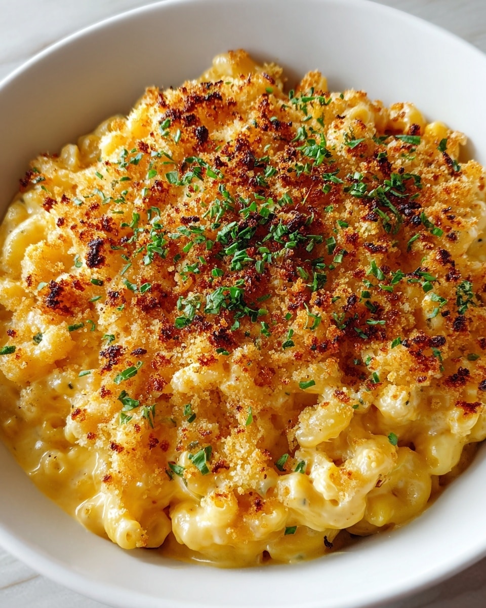 A close-up view of creamy macaroni and cheese served in a white bowl on a white marbled surface. The dish has one main layer of elbow pasta richly coated in smooth, melted yellow cheese sauce. On top, a golden-brown, crispy breadcrumb crust with slightly burnt spots adds texture and color contrast. Small pieces of finely chopped green herbs are sprinkled over the top, adding a fresh green accent to the warm golden tones of the cheese and breadcrumbs. photo taken with an iphone --ar 4:5 --v 7