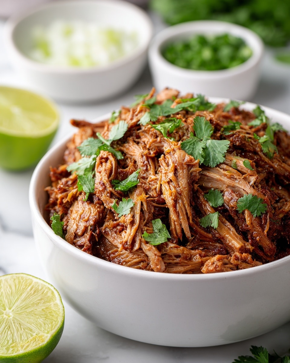 A white bowl filled with shredded brown meat topped with bright green cilantro leaves, with visible texture of tender, juicy meat strands. The bowl sits on a white marbled surface with a halved lime and lime wedges to the left, and blurred small white bowls containing chopped green herbs and white onion in the background. The scene shows freshness and rich color contrast between the green lime, herbs, and the warm brown meat. photo taken with an iphone --ar 4:5 --v 7