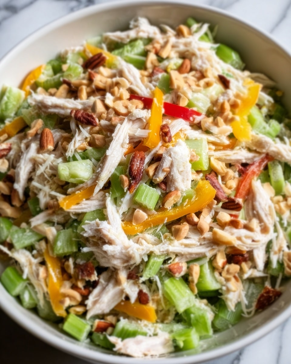 A large white plate filled with a colorful salad featuring multiple layers. The bottom layer is green celery stalks, cut into pieces, covered with a thick layer of shredded white crab meat. On top, there are small orange chunks of bright cheddar cheese evenly spread across the salad. The dish is sprinkled with crushed brown bits of nuts or crackers and scattered small slices of pinkish-red bacon. The whole salad looks fresh and textured, sitting on a white marbled surface. Photo taken with an iphone --ar 4:5 --v 7
