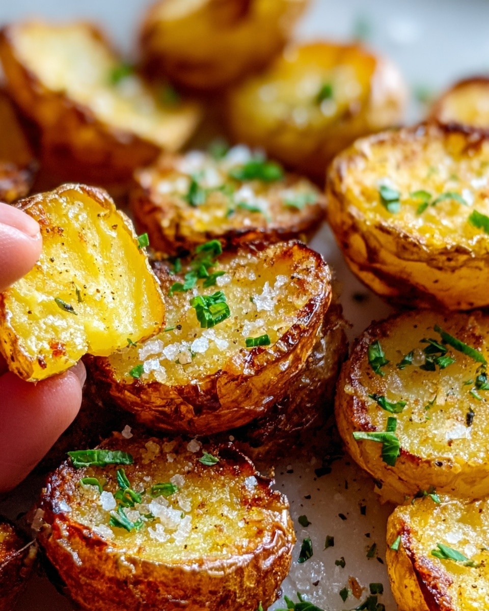 The image shows a close-up of roasted potato halves arranged tightly together. They have a golden-brown crispy skin on the outside and a soft, yellowish inside. Small bits of coarse salt and fresh green herbs are sprinkled on top, adding a touch of color and texture. The potatoes rest on a white marbled surface, and a woman's hand is visible gently holding one potato half. The lighting highlights the crispiness and warmth of the roasted potatoes. Photo taken with an iphone --ar 4:5 --v 7