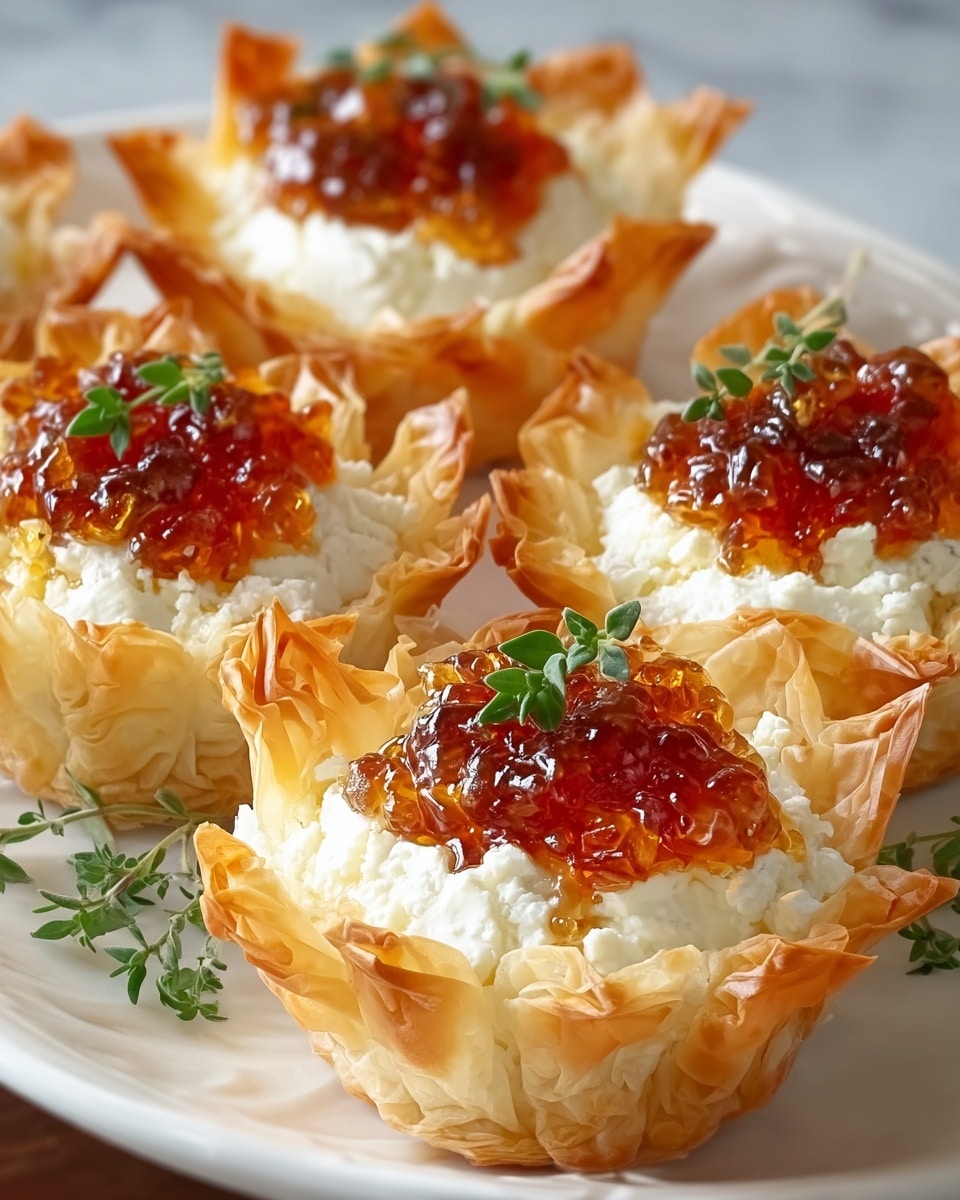 The image shows five small tartlets arranged on a white plate with a white marbled texture surface underneath. Each tartlet has three visible layers: the base is a golden-brown, crispy, flaky phyllo pastry shell with edges curled up in ruffled shapes; the middle is a thick layer of white, creamy cheese filling with a smooth, slightly crumbly texture; the top layer is a glossy, amber-red jelly or jam, slightly translucent with small pieces inside, and each tartlet is garnished with a small sprig of fresh green herbs. The photo has a close-up view with soft natural light highlighting the textures. photo taken with an iphone --ar 4:5 --v 7