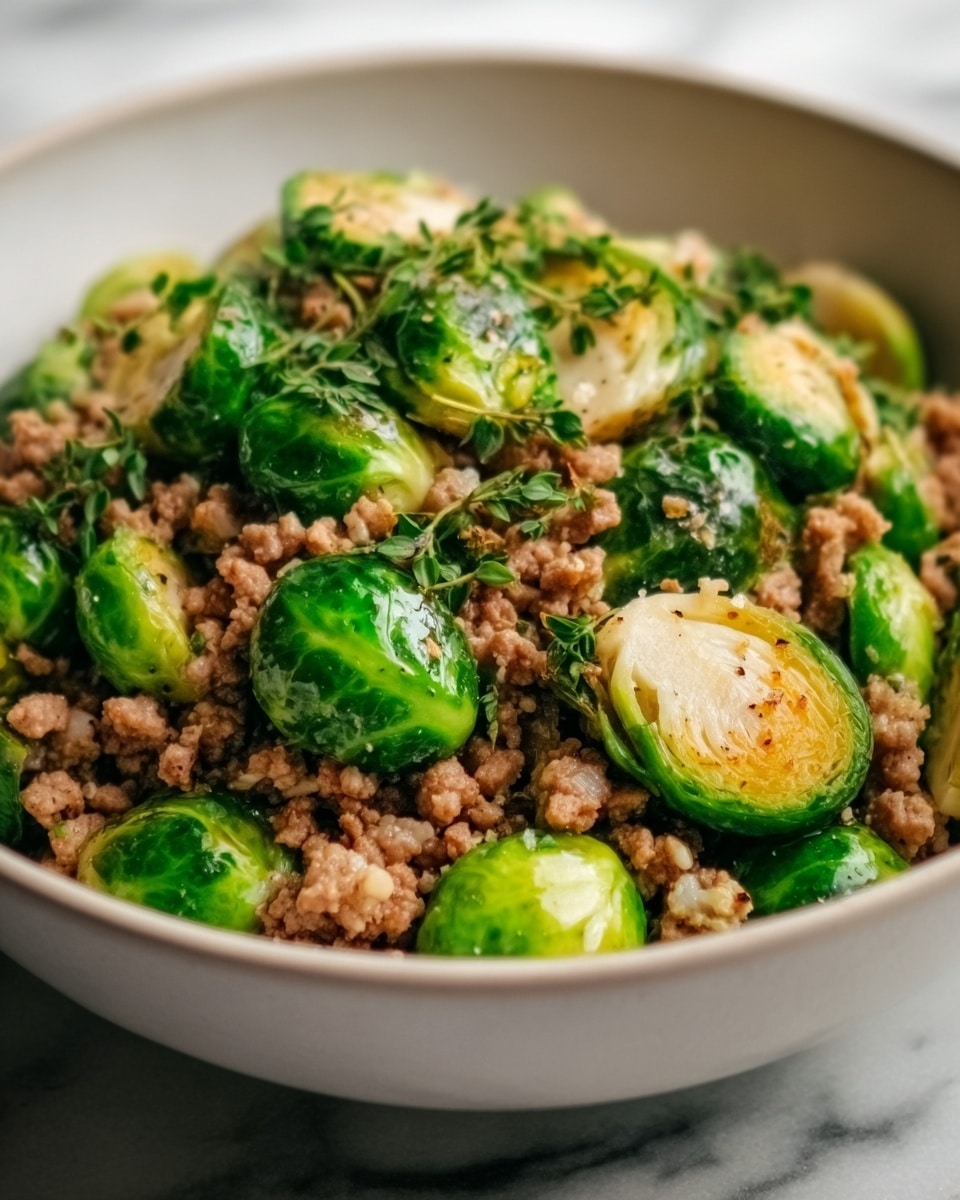 The image shows a close-up of a dish with two main layers inside a white bowl. The bottom layer is a mix of small, crumbly light brown cooked ground meat. On top, there are bright green Brussels sprouts that are halved and cooked, showing their light yellow interiors and slightly browned edges. The texture of the sprouts looks tender but still firm, and some small bits of the meat are scattered on top of them. The bowl sits on a white marbled surface, and the lighting highlights the fresh, cooked look of the food. Photo taken with an iphone --ar 4:5 --v 7