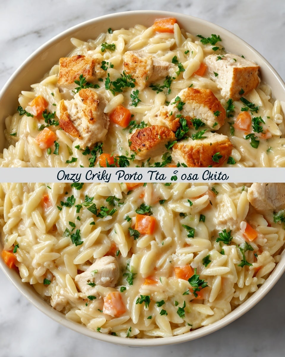 The dish is a creamy chicken orzo pot pie with visible small layers of tender diced chicken pieces that are light brown on the edges, mixed evenly throughout a glossy, creamy sauce with a smooth texture. Small orange carrot cubes and green herb bits are spread throughout the orzo pasta, which appears soft and slightly shiny, nestled in the sauce. The dish is served in a white bowl placed on a white marbled surface, showing a rich mix of texture and color in close-up view. Photo taken with an iphone --ar 4:5 --v 7