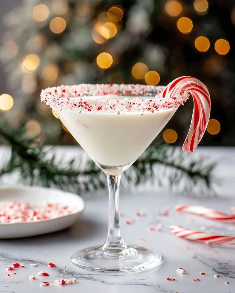 A creamy white drink fills a clear martini glass, topped with small red pieces scattered across the surface. The rim of the glass is coated with white sugar and crushed red candy bits, adding texture and color contrast. A red and white striped candy cane is placed inside the drink, leaning on the glass's edge. The glass rests on a white marbled surface with a blurred festive background of green garlands and warm lights. Small red candy pieces are scattered around the base of the glass. photo taken with an iphone --ar 4:5 --v 7