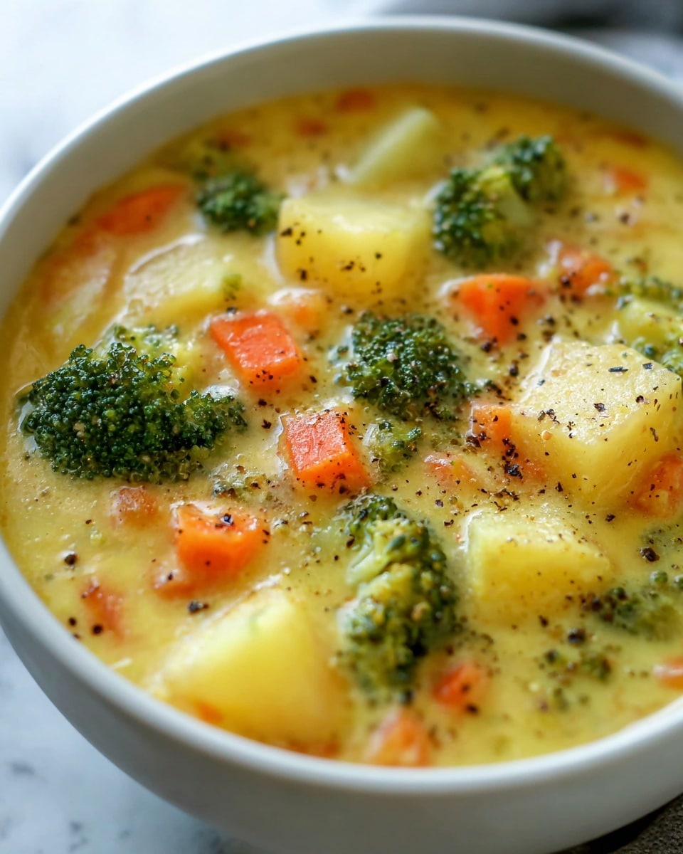 A close-up image of a bowl filled with creamy soup containing visible chunks of light yellow potatoes, bright green broccoli florets, and orange carrot pieces. The soup has a smooth, thick texture with a yellowish base, sprinkled with black pepper on top. The bowl is white, set on a white marbled surface, giving the scene a fresh and clean look. The vegetable pieces are evenly distributed in the creamy liquid, making the dish look rich and hearty. photo taken with an iphone --ar 4:5 --v 7