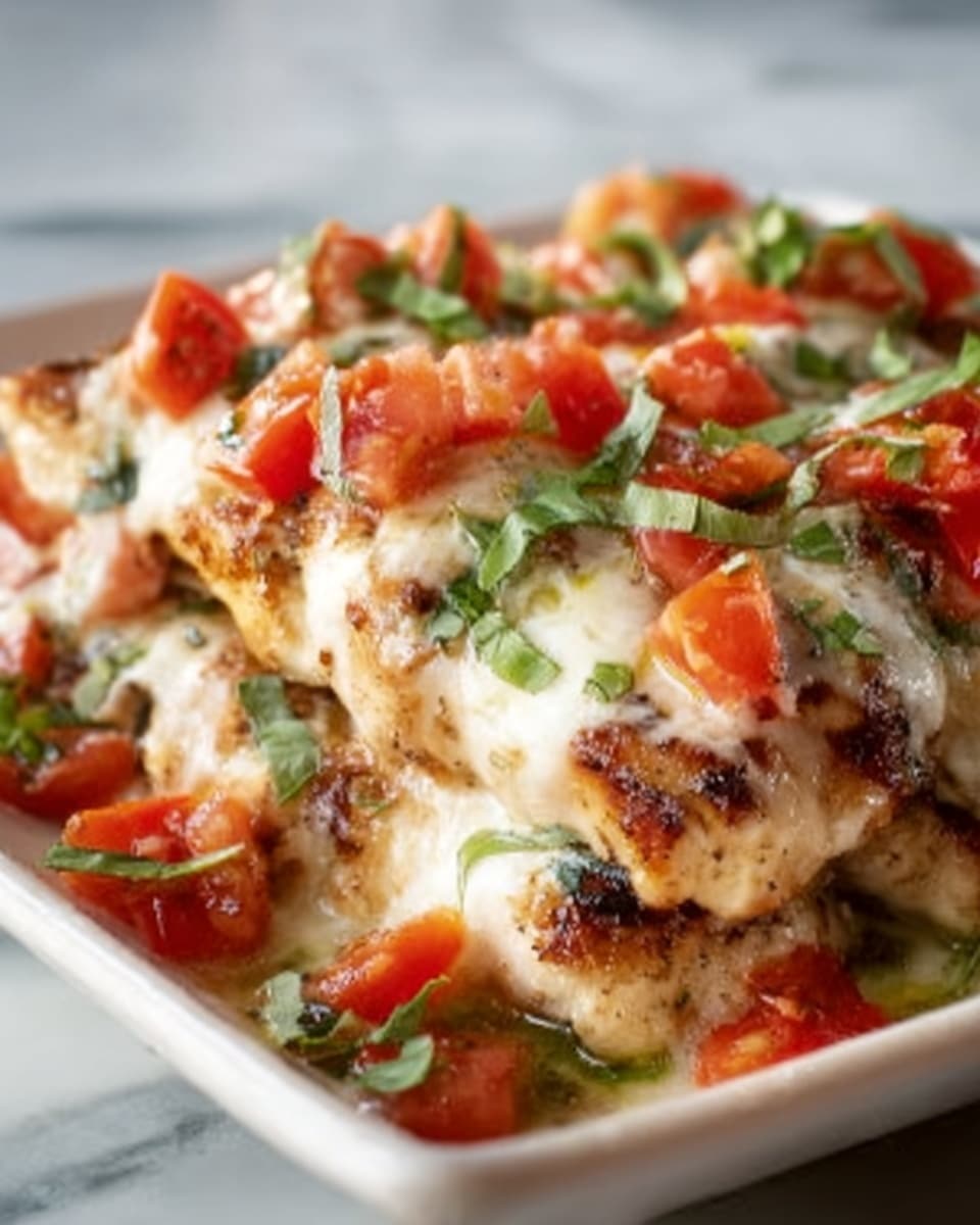 The dish shows a white plate filled with a stack of three layers of golden-brown grilled chicken pieces. On top of the chicken, there is a melted layer of white cheese, covering the pieces unevenly. Scattered bright red diced tomatoes and small green basil leaves are sprinkled all over the top layer, adding color contrast. The plate is placed on a white marbled surface. photo taken with an iphone --ar 4:5 --v 7