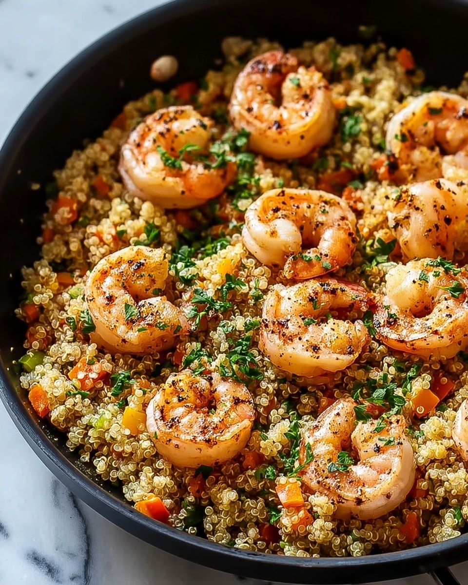 A black pan filled with a dish showing two main layers: the bottom layer is light brown quinoa mixed with small pieces of orange, yellow, and green vegetables, creating a textured and colorful base; the top layer consists of medium-sized cooked shrimp with a slightly pinkish-orange and white color, sprinkled with finely chopped green herbs and black pepper, evenly spread across the quinoa. The shrimp have a slight char, adding darker spots to their skin. The setting is on a white marbled surface. photo taken with an iphone --ar 4:5 --v 7