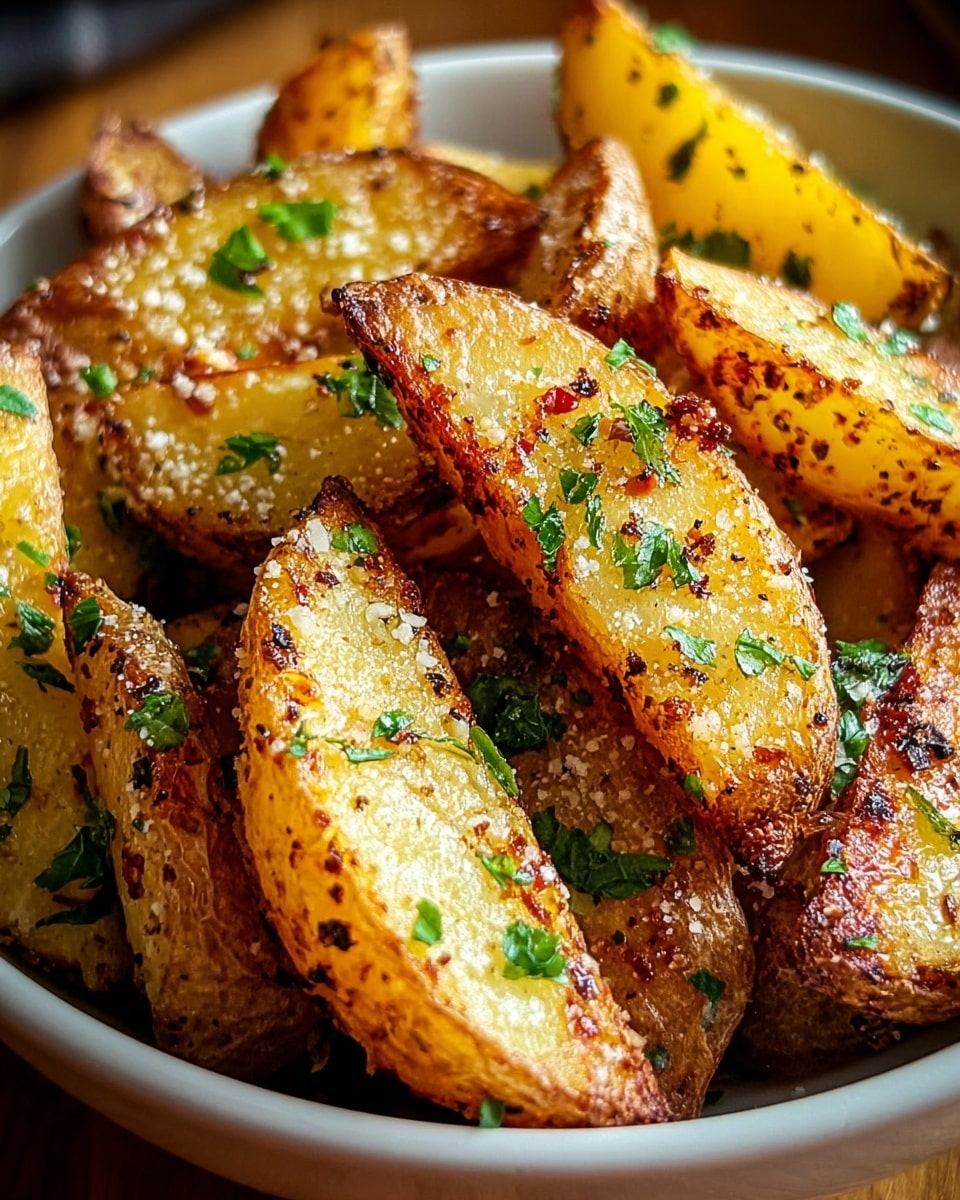 This image shows a close-up of several roasted potato wedges in a white bowl. The potato wedges are golden brown with crispy, textured skins and soft, pale yellow insides. Each wedge is sprinkled with finely chopped green herbs and a light dusting of grated cheese or seasoning, creating a contrast of colors and textures. The wedges are arranged to fill the bowl, with some pieces leaning against each other, and the whole scene is set on a white marbled surface. photo taken with an iphone --ar 4:5 --v 7