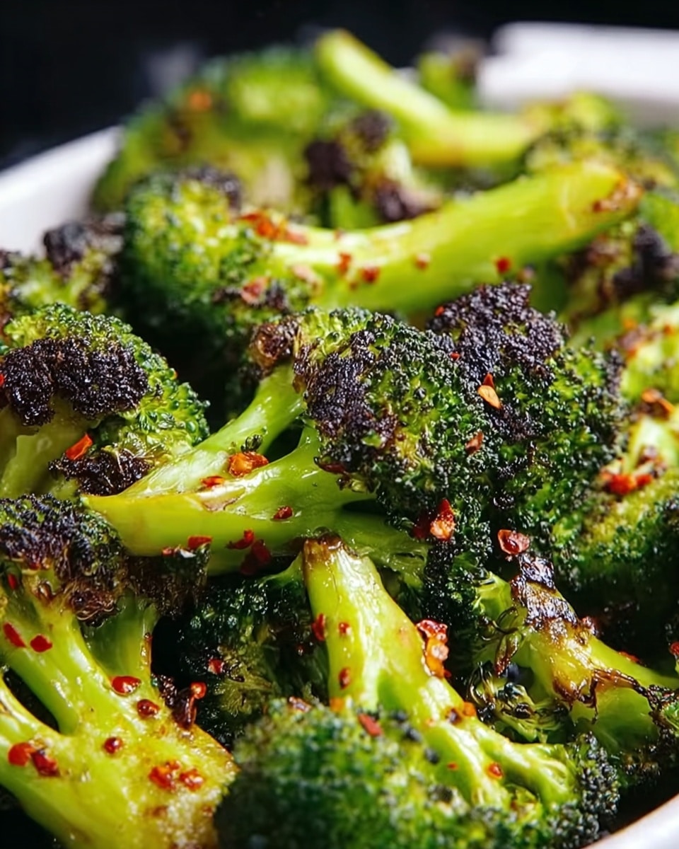 The image shows close-up roasted broccoli florets with a mix of green and dark brown edges indicating a crisp texture from roasting. The broccoli has visible red chili flakes sprinkled over, adding a touch of red color contrast. The bunches are layered closely together filling the frame with some pieces slightly charred, giving a textured, rich appearance. The background is a soft white marbled texture that highlights the vibrant colors of the broccoli. photo taken with an iphone --ar 4:5 --v 7
