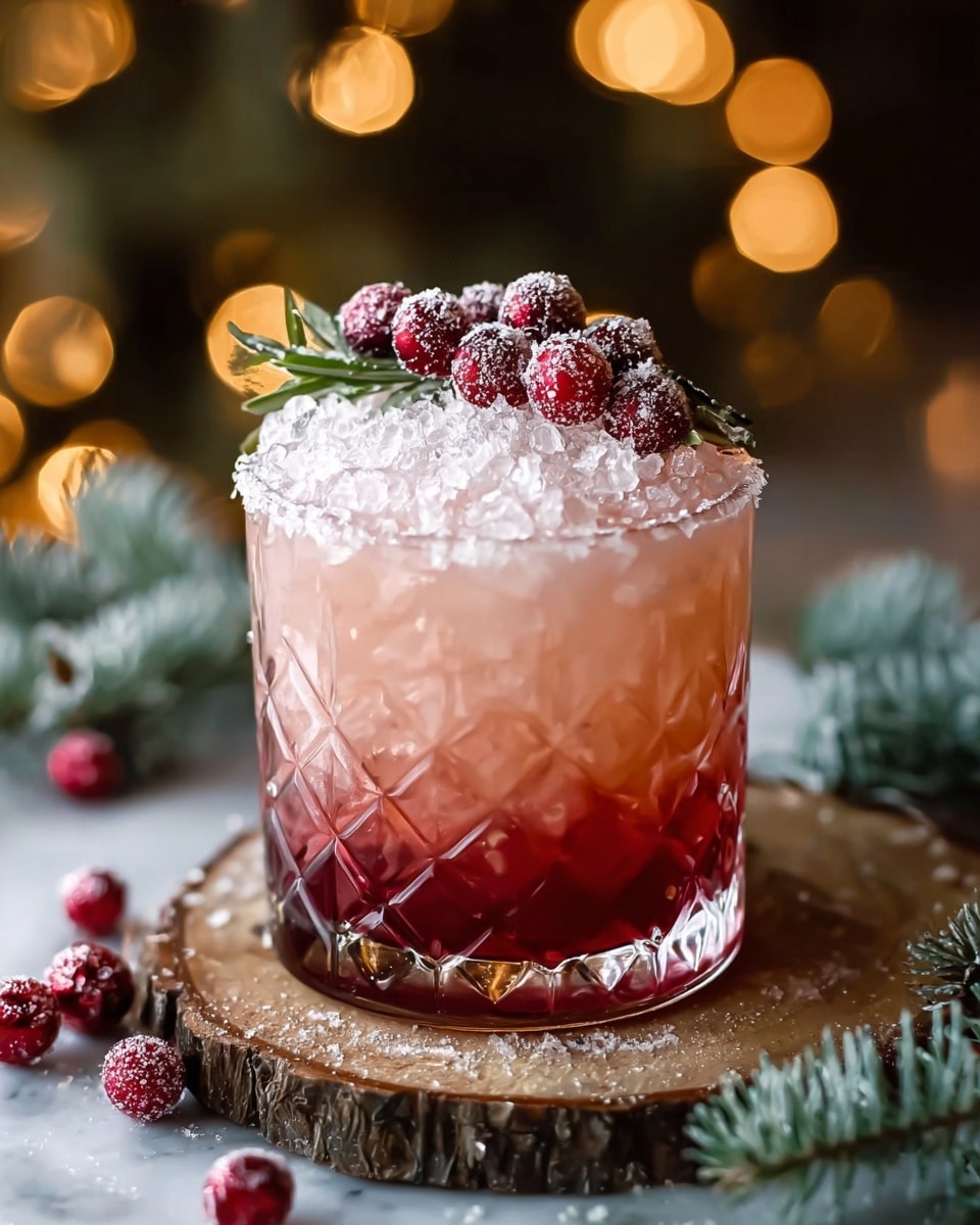 A short clear glass with a diamond pattern filled with a three-layered drink sits on a wooden slice; the bottom layer is a deep red, the middle layer is a light pink mix, and the top layer is crushed ice with a white frosted rim. On top of the ice are a bunch of small shiny red ornaments slightly dusted with white powder and a small green rosemary sprig. Around the glass are some pine needles and more red ornaments on a white marbled surface with soft glowing lights in the background. Photo taken with an iphone --ar 4:5 --v 7