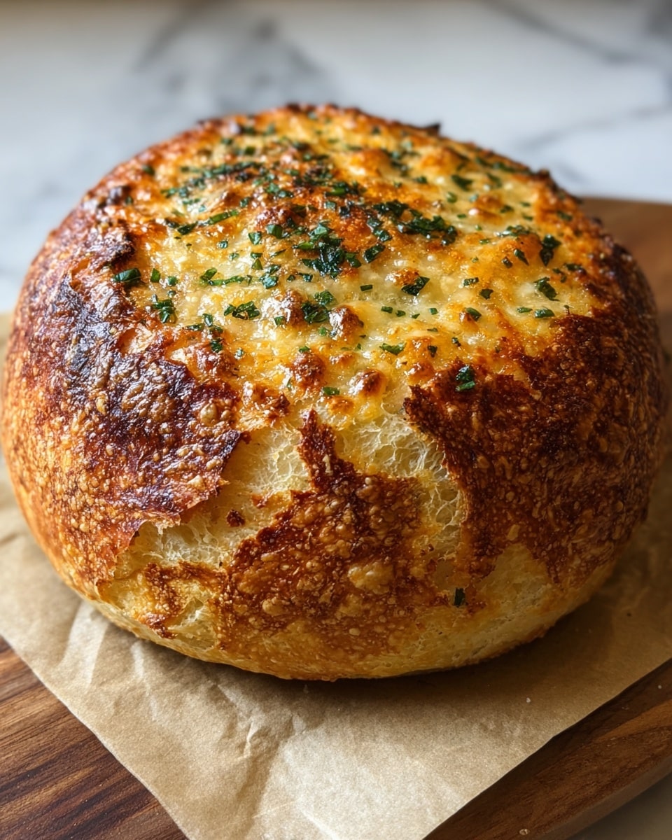 A round loaf of bread is shown with a golden-brown crust on top, sprinkled with small bits of melted cheese and green herbs. The crust has a rough, bubbly texture with some dark browned spots and a few small cracks revealing the soft, light-yellow inside. The bread sits on a piece of brown parchment paper, placed on a wooden board. The background is a white marbled texture. photo taken with an iphone --ar 4:5 --v 7
