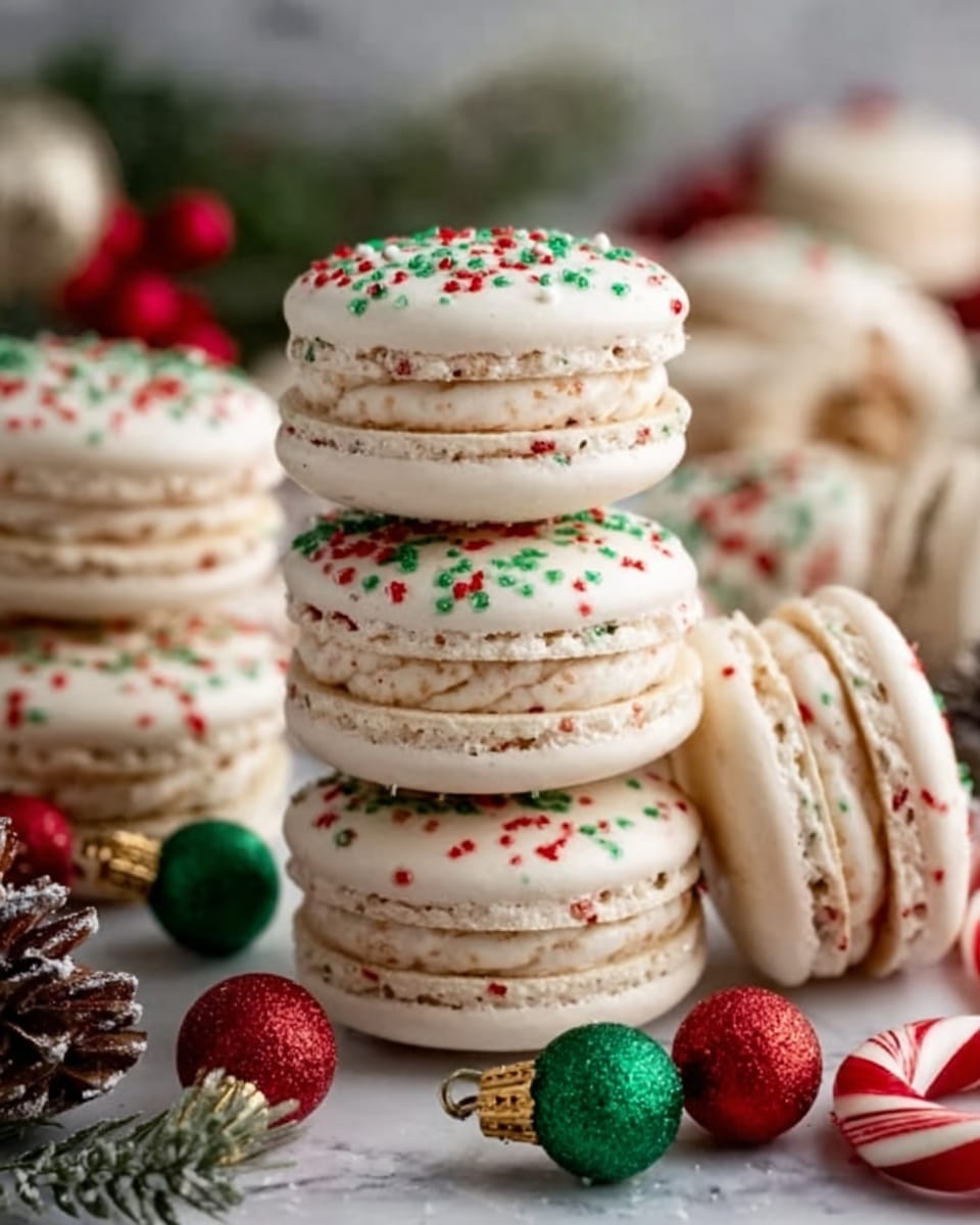 The image shows a stack of four light cream-colored macarons with red and green sprinkles on top. Each macaron has a smooth, slightly shiny surface with a thin crunchy edge, and they are filled with a creamy white filling that is visible between the shells. The macarons are placed on a white plate, with a blurred background featuring small Christmas decorations like red and green ornaments and pine cones. Soft light highlights the smooth texture and delicate layers of the macarons, creating a festive, cozy feeling. Photo taken with an iphone --ar 4:5 --v 7