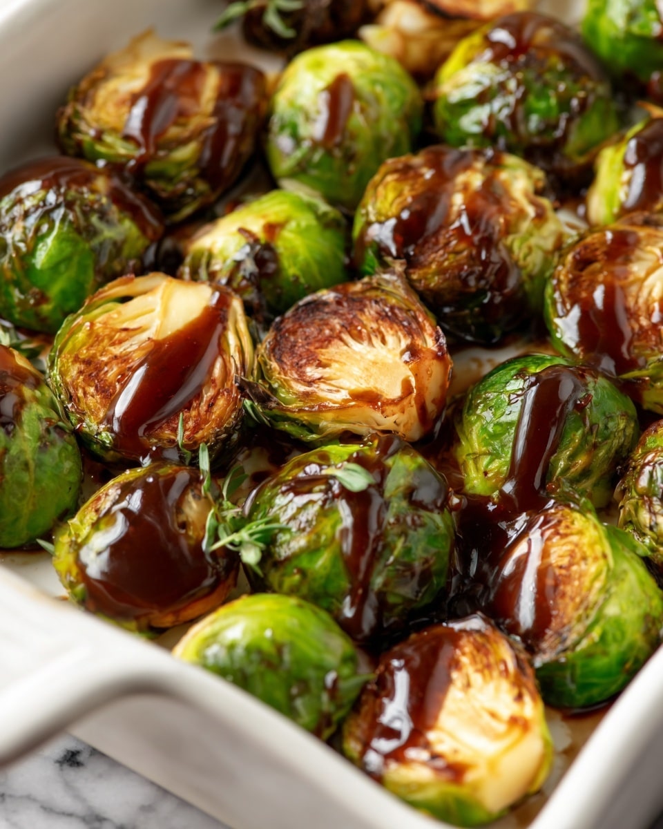 The image shows a white rectangular dish filled with roasted Brussels sprouts, some whole and some cut in half. The whole sprouts are dark green with a slightly charred look, while the halved ones reveal a light golden-brown, caramelized inside with visible grill marks. All the sprouts are generously drizzled with a thick, glossy, dark brown sauce that adds a shiny texture on top. The dish is placed on a white marbled surface. photo taken with an iphone --ar 4:5 --v 7