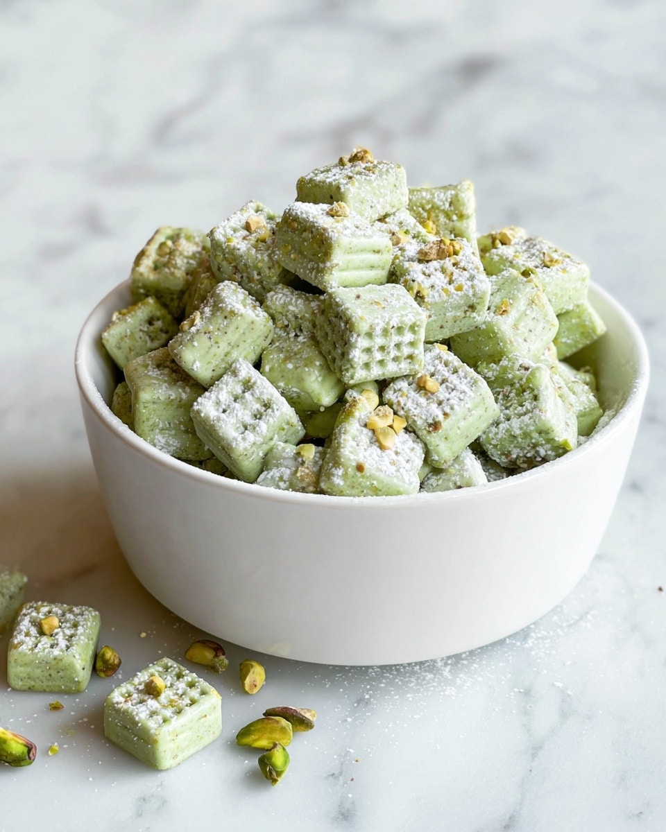 A white bowl filled with small square green chex cereal pieces, some fully covered with a smooth light green coating and others left plain, all topped with powdered sugar and scattered whole pistachios. The cereal pieces have a waffle-like texture, and a few pieces are spread casually on the white marbled surface around the bowl, showing the same green color and texture with a single pistachio on one. The overall look is fresh and crunchy with light green and white colors, enhanced by the sunlight on a clean white marbled surface. photo taken with an iphone --ar 4:5 --v 7