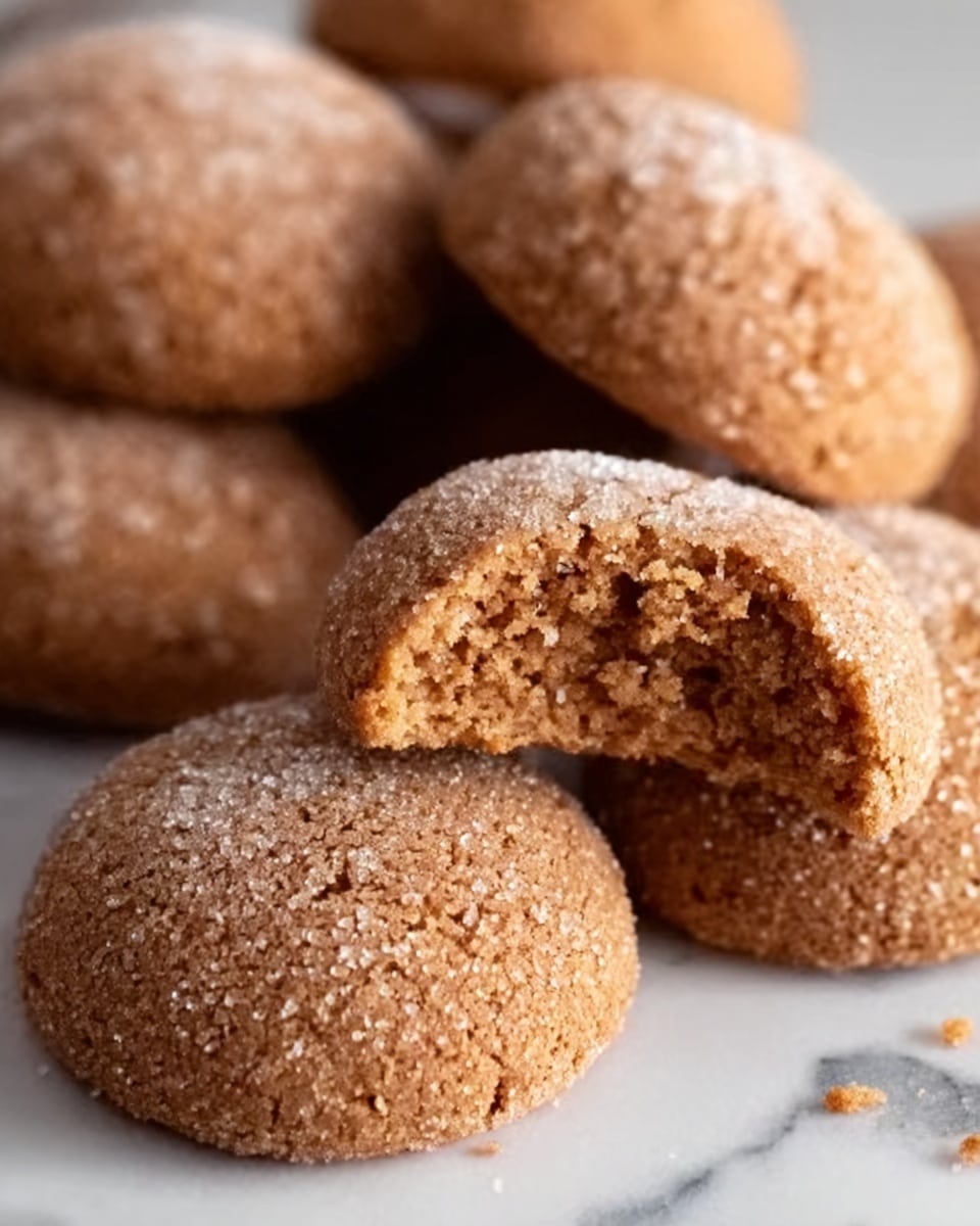 The image shows a white bowl filled with round cookies covered in light brown sugar. One cookie is in the front, partially bitten, revealing a soft and crumbly inside. The cookies have a rough texture with sugar crystals visible on the surface. The bowl is placed on a white marbled surface, and the lighting highlights the warm, golden-brown color of the cookies. photo taken with an iphone --ar 4:5 --v 7