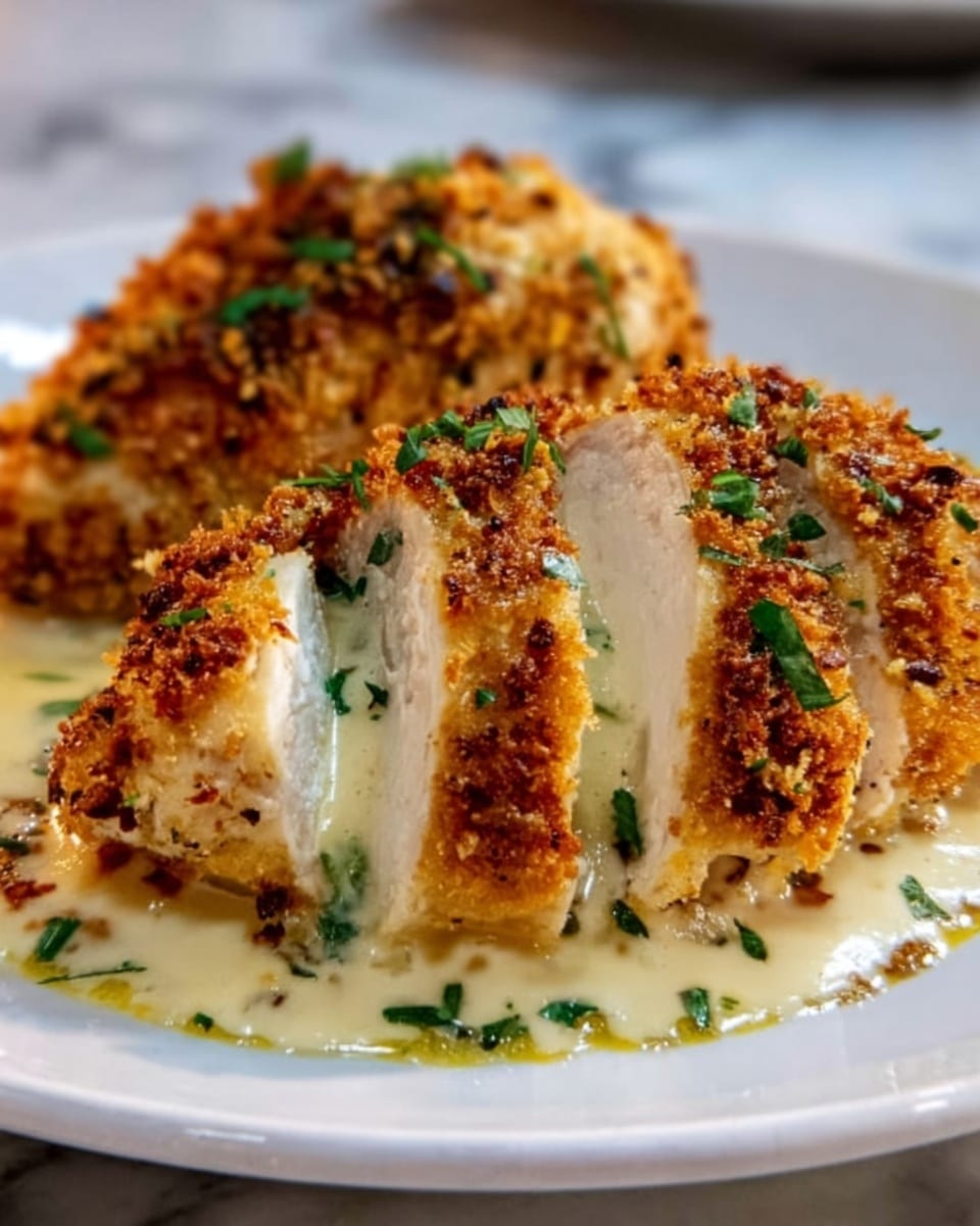 The image shows two pieces of chicken breast coated with a golden-brown crispy crust from breadcrumbs and spices. The chicken is sliced to show a juicy white inside. Small green herb pieces are sprinkled on top, adding color contrast. The chicken sits in a creamy light sauce that pools around the base on a white plate. The background is a white marbled surface, making the dish look fresh and clean. Photo taken with an iphone --ar 4:5 --v 7