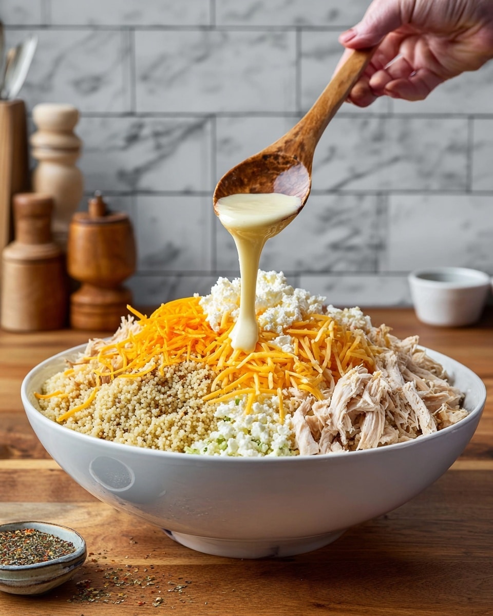 A large white bowl filled with several layers of food sits on a wooden table with a white marbled background. At the bottom is a grain layer, small and beige, topped with shredded light brown chicken on one side. Next to the chicken is a pile of bright orange shredded cheddar cheese, and in the center, small white curds of cottage cheese with creamy sauce being poured over them from a wooden spoon held by a woman's hand, with the sauce dripping down in thick strings. A sprinkle of reddish-brown and black seasoning is placed near the chicken and cottage cheese. The scene is cozy, with jars of dry ingredients and a green kettle in the blurred background. Photo taken with an iphone --ar 4:5 --v 7