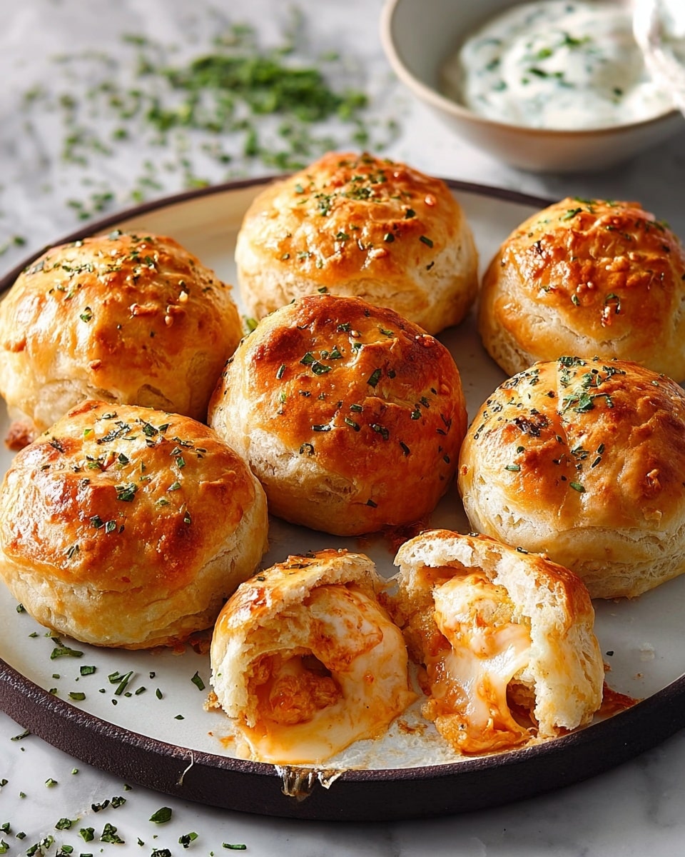Seven golden brown biscuit-like pastries with shiny tops and small green herb sprinkles are arranged closely on a white plate with a dark rim. Two of these pastries are broken open, showing a creamy orange filling with melted white cheese inside. The plate sits on a white marbled surface with scattered green herbs nearby. A white bowl containing a white creamy sauce with green herbs is partially visible in the upper right corner. The lighting highlights the flaky texture and warm color of the pastries. photo taken with an iphone --ar 4:5 --v 7