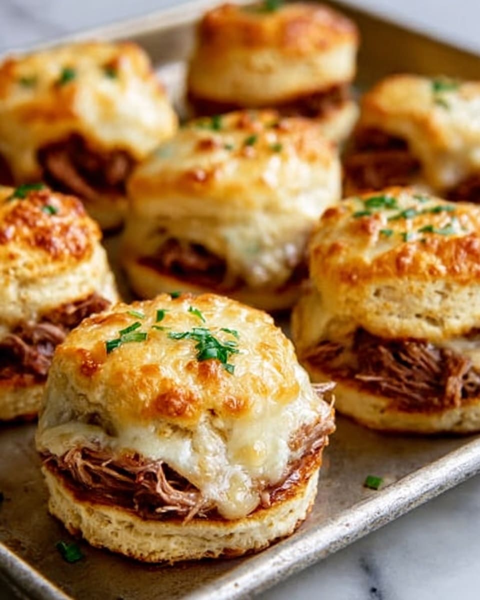 The image shows several small sandwiches placed on a metal tray with a white marbled background. Each sandwich has three clear layers: the bottom layer is a round biscuit, light brown and slightly crispy; the middle layer is shredded pulled meat, dark brown with a tender, juicy texture; the top layer is melted cheese, golden with bubbly browning on the surface and sprinkled with green chopped herbs. The sandwiches are closely arranged, showing their fluffy biscuit bases and cheesy tops with a soft and rich look. Photo taken with an iphone --ar 4:5 --v 7