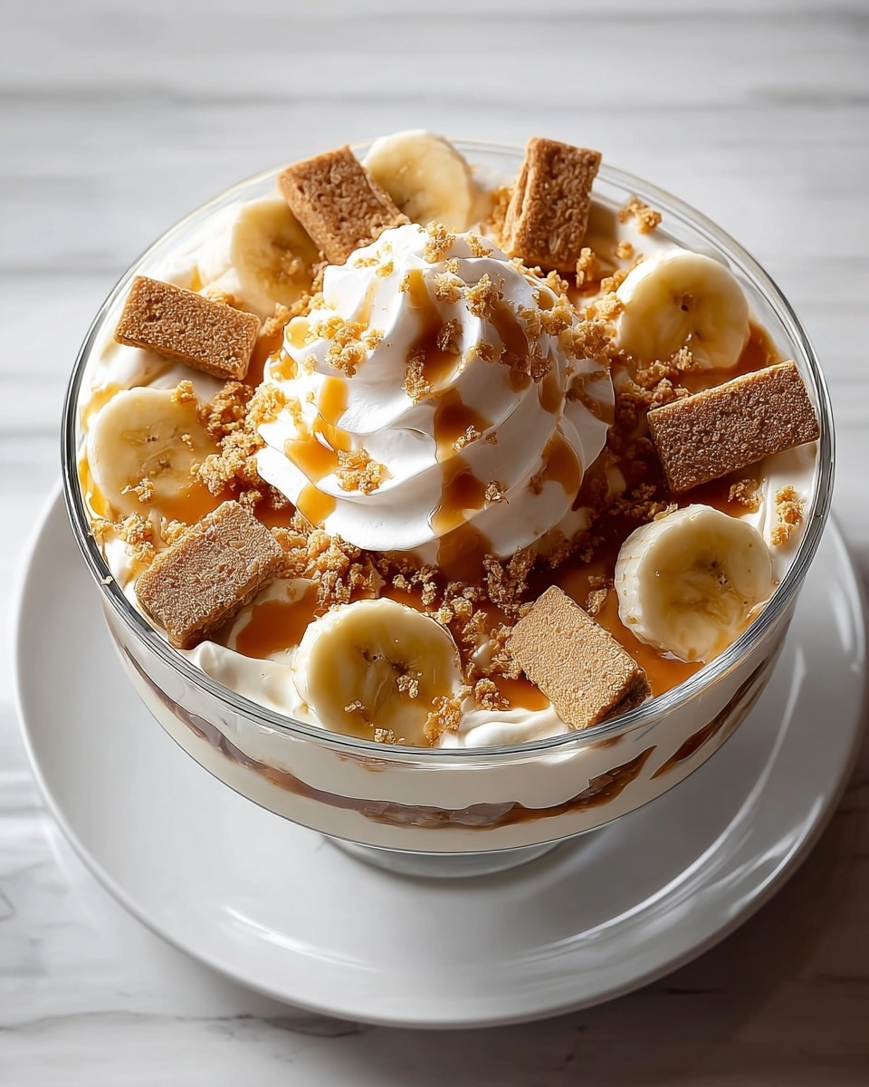 The image shows a layered dessert in a clear glass bowl placed on a white plate, set on a white marbled surface. The bottom layer appears to be creamy and white, likely a whipped cream or pudding. On top of this is a layer of sliced bananas arranged evenly in a circle around the edge, with their creamy yellow color and soft texture visible. Scattered over the bananas are rectangular brown cookie pieces with a crumbly texture, and some cookie crumbs are sprinkled across the surface. In the center, there is a swirl of white whipped cream topped with a drizzle of caramel sauce that also lightly covers the banana slices and cookie pieces, adding a glossy amber shine. The colors and textures contrast nicely with the clear bowl and the white plate underneath. photo taken with an iphone --ar 4:5 --v 7