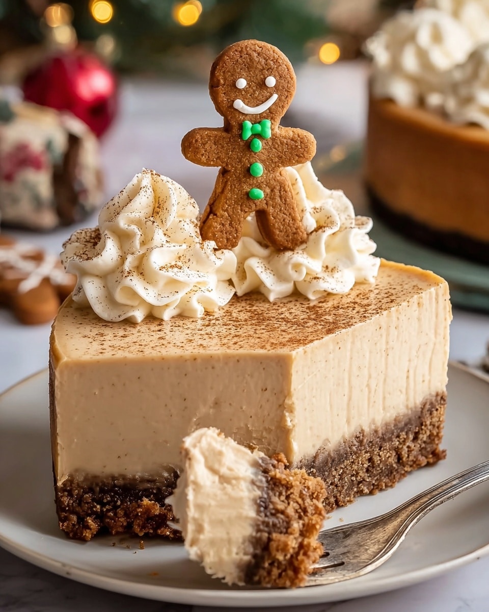 A slice of cheesecake is shown on a white plate with a crumbly brown base layer and a thick, smooth beige cheesecake layer on top. On the cheesecake, there is a swirl of creamy white whipped topping with a sprinkling of light brown crumbs. A small gingerbread cookie shaped like a person with white icing details and a green tie is placed upright on the whipped topping. In front of the slice, a metal fork holds a small bite of crumbly base with a bit of cream. The background includes out-of-focus Christmas decorations and a white marbled surface. photo taken with an iphone --ar 4:5 --v 7