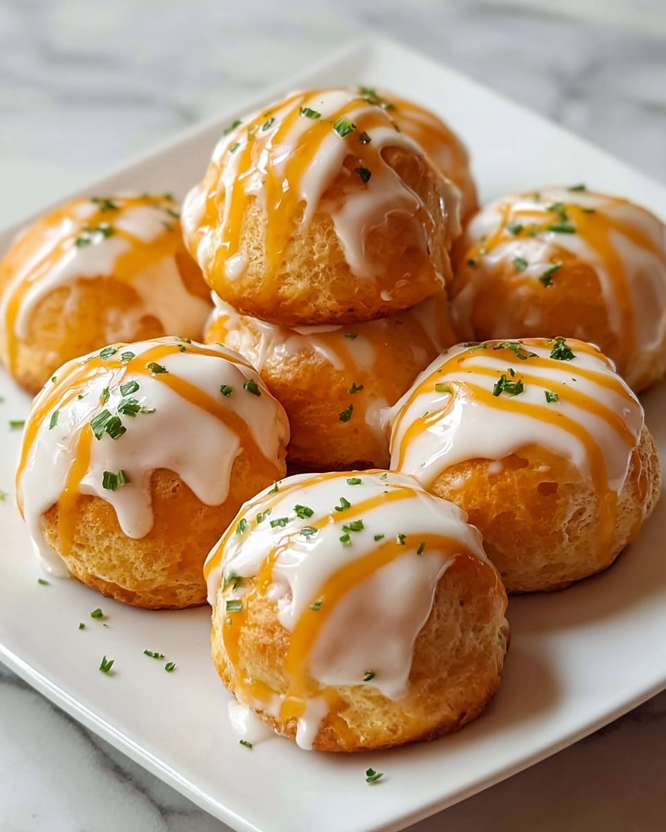 The image shows a white square plate holding nine round biscuit-like balls arranged close together. Each ball has a golden-brown baked texture with a slightly rough surface. They are topped with a creamy white sauce drizzled evenly over each ball and an orange sauce artistically striped on top. Small green herb pieces are scattered on top and around the balls, adding a fresh touch. The plate is set on a white marbled surface. photo taken with an iphone --ar 4:5 --v 7