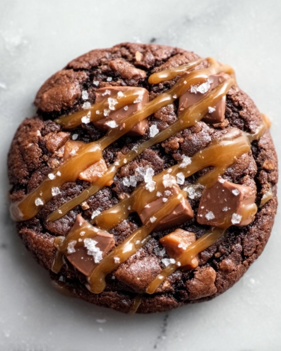A close-up of a large chocolate cookie sitting on a white marbled surface is shown. The cookie has a rough, crumbly texture and is dark brown with chunks of chocolate mixed throughout. It is topped with a drizzle of golden caramel sauce in thin stripes and sprinkled with small bits of coarse salt that sparkle slightly. The edges look slightly cracked and chewy, giving it a rich, homemade feel. photo taken with an iphone --ar 4:5 --v 7