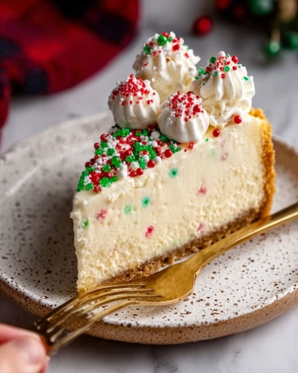 A slice of creamy cheesecake with a thick golden brown crust at the bottom is placed on a white speckled plate on a white marbled surface. The cheesecake layer is smooth and pale yellow with tiny colorful red and green sprinkles mixed inside. On top, there is a layer of white cream decorated with red and green round sprinkles and three small white dollops of cream with red sprinkles on each. A gold fork lies beside the slice, with a woman's hand reaching towards it from the bottom right corner. photo taken with an iphone --ar 4:5 --v 7