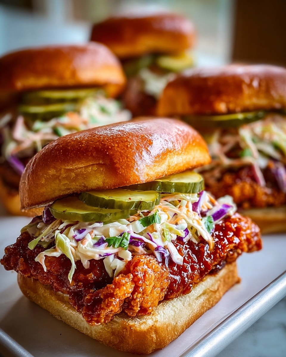 A close-up view of a crispy fried chicken sandwich with four layers visible: the top layer is a shiny, golden brown toasted bun with a soft texture; underneath are thick slices of green pickles; next is a colorful coleslaw mix of finely shredded white and purple cabbage with bits of green herbs and a light dressing; the bottom layer features a thick, crunchy fried chicken filet glazed with a rich, reddish-brown sauce, all sitting on the bottom toasted bun that is golden and soft. Behind this sandwich, three more identical sandwiches are slightly out of focus. The sandwiches are placed on a white tray with a white marbled textured surface in the background. photo taken with an iphone --ar 4:5 --v 7