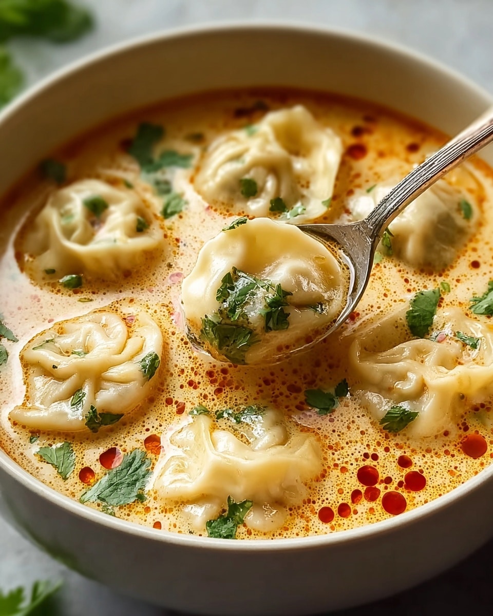 A close-up image shows a black bowl filled with a creamy, light orange broth with small red oil droplets on its surface. Inside the broth, several dumplings with soft, pale beige dough are floating, each dumpling having folded, pleated edges. Fresh green cilantro leaves are scattered on top, adding contrast to the soup’s smooth texture. A silver spoon lifts one dumpling, showing its round shape and some cilantro inside the dumpling hollow. The bowl rests on a white marbled surface. Photo taken with an iphone --ar 4:5 --v 7