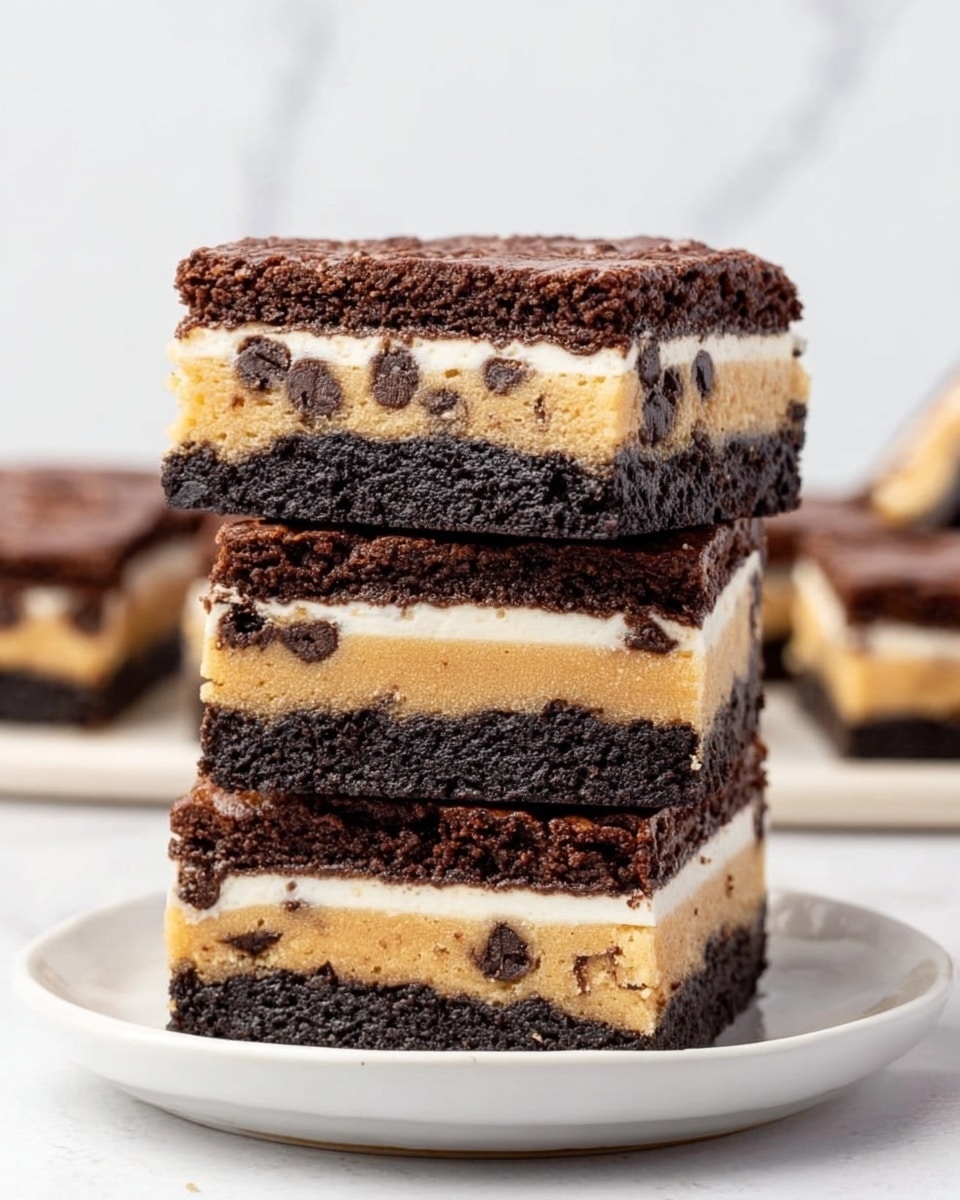 A stack of three square chocolate cookie and cookie dough layered bars sits on a white plate against a white marbled surface. Each bar has four layers: the top and third layers are dark brown, slightly crumbly chocolate cookies; the second and bottom layers are light tan cookie dough with visible chocolate chips. Between the first and second layers and the third and fourth layers are thin white cream layers from the cookies. The bars are neatly stacked, showing clear separation of layers. The photo taken with an iphone --ar 4:5 --v 7
