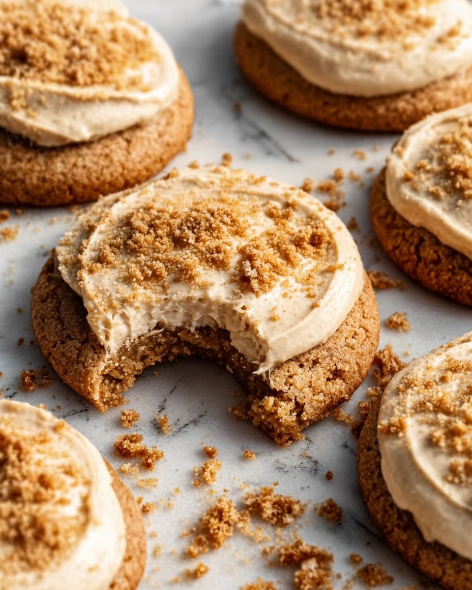 The image shows a close-up of six round cookies with two layers. The bottom layer is a thick, crumbly, brown cookie base. The top layer is creamy, off-white frosting spread evenly with a slightly rough texture and sprinkled with light brown crumbs. One cookie in the front has a bite taken out, showing the soft texture inside. The cookies rest on a white marbled surface with some crumbs scattered around them. Photo taken with an iphone --ar 4:5 --v 7