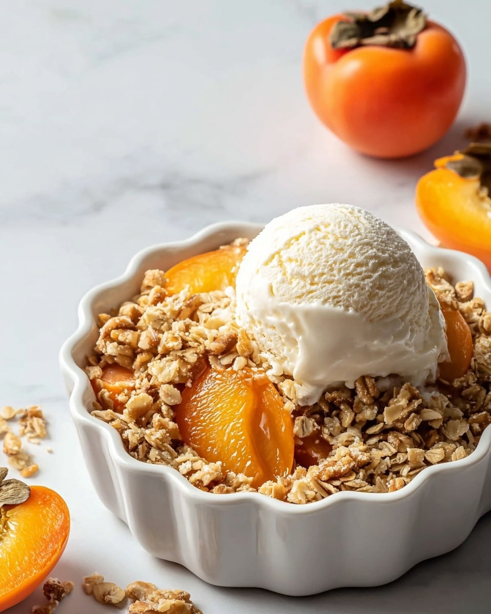 A white scalloped bowl filled with a crunch oat layer, studded with walnuts, covering the entire base; on one side, glossy orange persimmon slices sit partially covered by the oat layer; a single scoop of creamy vanilla ice cream with a smooth texture rests on top, slightly melting around the edges; the bowl is placed on a white marbled surface with a few fresh orange persimmon pieces nearby. photo taken with an iphone --ar 4:5 --v 7