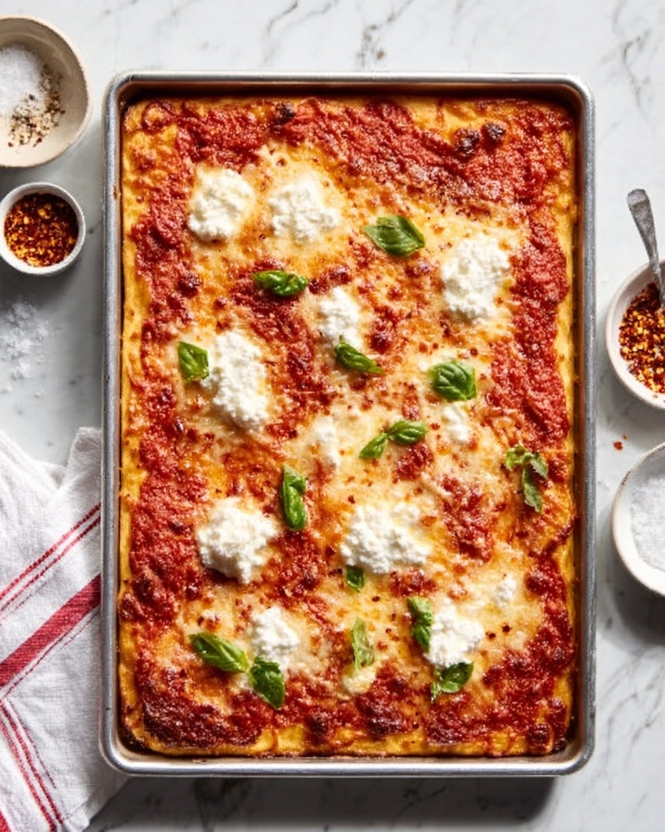 A rectangular pizza baked in a metal pan with a golden brown crust forming the base layer, topped with a rich red tomato sauce that spreads evenly over the surface. The next layer shows melted mozzarella cheese, bubbling and lightly browned, with dollops of soft white ricotta cheese scattered across. Fresh green basil leaves are sprinkled on top along with a light drizzle of olive oil and a few red chili flakes adding texture and color contrast. The background is a white marbled surface with small white bowls of chili flakes and salt nearby, and a white cloth with red stripes is partly visible. photo taken with an iphone --ar 4:5 --v 7