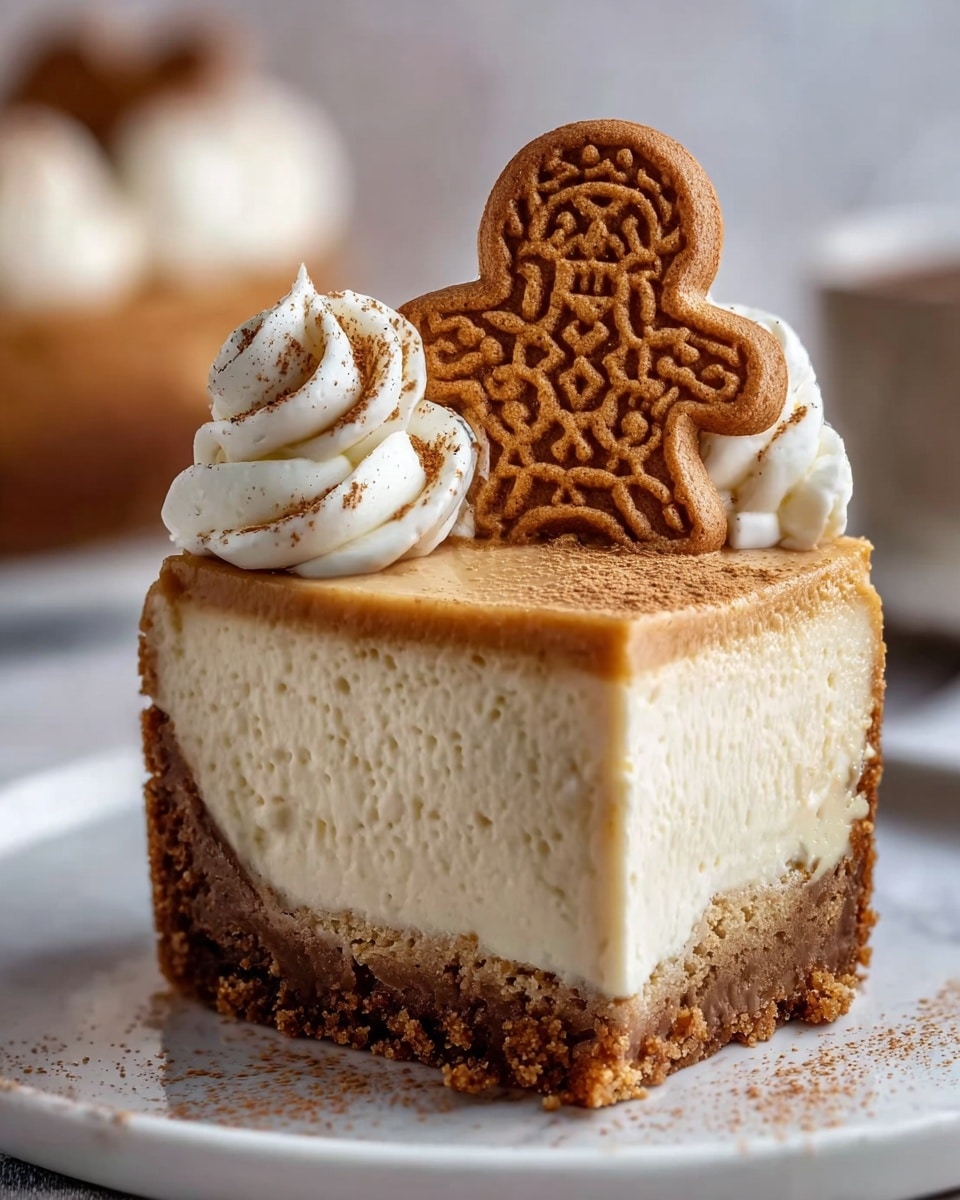A slice of cheesecake with three distinct layers is shown on a white marbled surface. The bottom layer is a thick, crumbly brown crust. The middle layer is a thick, creamy off-white cheesecake with a smooth texture. The top layer is a thin, darker brown gelatin or glaze. On top of the cheesecake, there are two swirls of white whipped cream, sprinkled with brown spice. Between the whipped cream, a gingerbread man cookie stands upright, brown with detailed patterns. The background is softly blurred with another dessert visible. Photo taken with an iphone --ar 4:5 --v 7