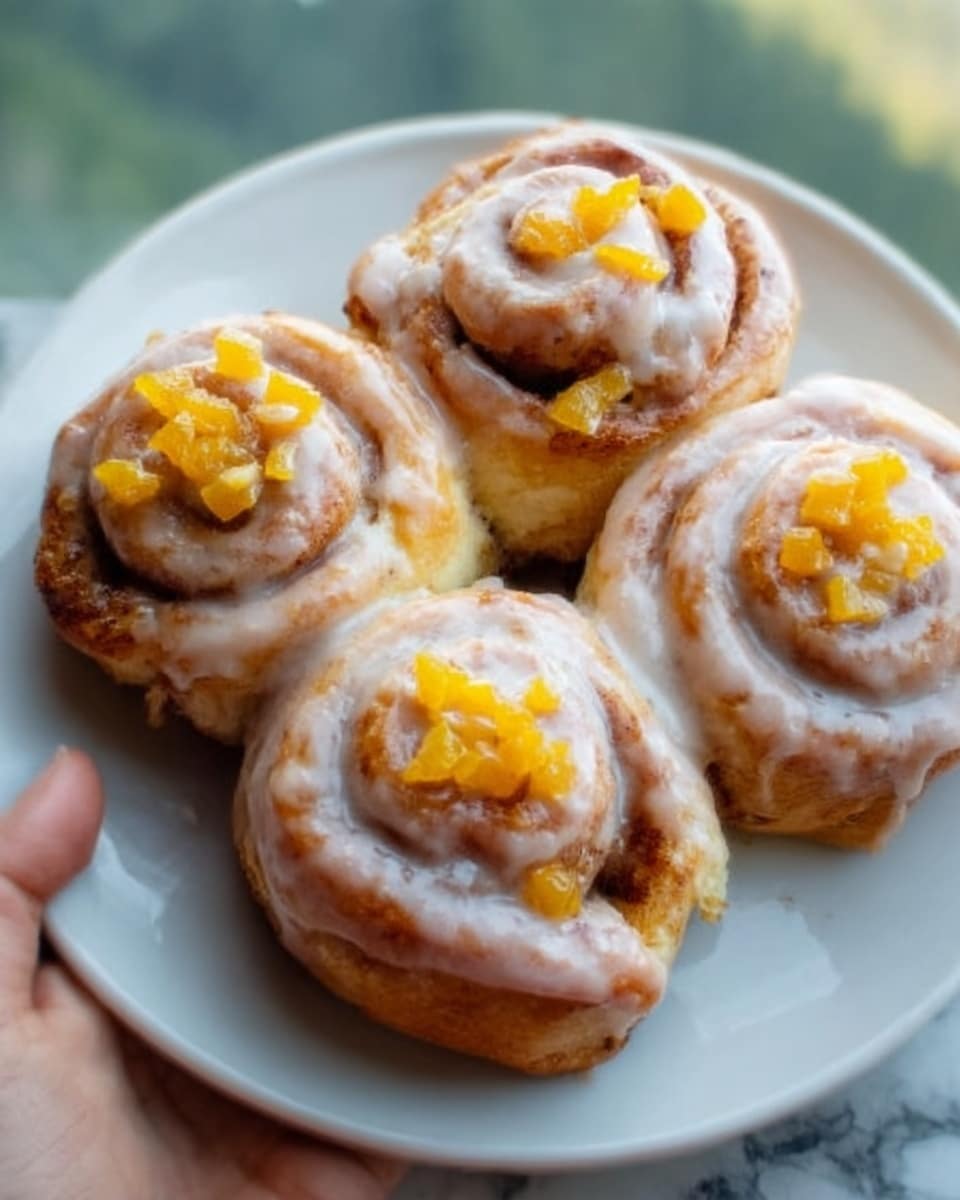 The image shows four cinnamon rolls arranged closely in a white bowl, each roll covered with creamy white icing that glistens slightly. The rolls are golden brown with soft, doughy layers spiraled inside, filled with a mix of cinnamon and small brown nut pieces. On top of each roll, there are small orange fruit chunks that add a bright contrast to the warm tones and creamy glaze. The bowl sits on a white marbled surface. Photo taken with an iphone --ar 4:5 --v 7