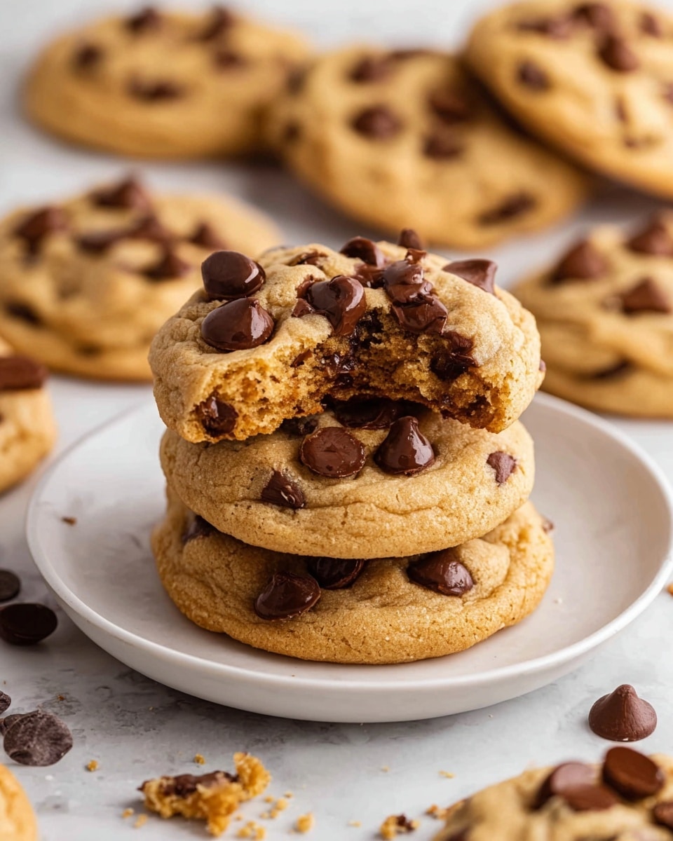A stack of three light golden brown chocolate chip cookies sits in the center on a white plate, with the top cookie having a bite taken out, showing a soft, slightly crumbly texture inside. Each cookie is thick and studded with large, shiny dark brown chocolate chips on top and inside. Surrounding the plate are more cookies, all puffy with chocolate chips that glisten, placed on a white marbled surface scattered with a few loose chocolate chips and crumbs. The overall scene shows the cookies as soft and thick with a rich chocolate topping. photo taken with an iphone --ar 4:5 --v 7
