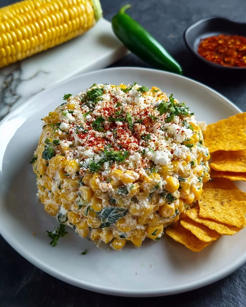 A round mound of creamy corn salad sits on a white plate, made of bright yellow corn kernels mixed with small pieces of green herbs and white creamy sauce, topped with a layer of crumbled white cheese and sprinkled with red chili powder and fresh green herbs. Chips are placed on the right side of the plate, forming a small stack of three yellow, crispy-looking pieces. Behind the plate, a half-eaten corn cob and a green chili pepper rest on a white marbled surface, with a small bowl of red chili powder visible in the background. Photo taken with an iphone --ar 4:5 --v 7