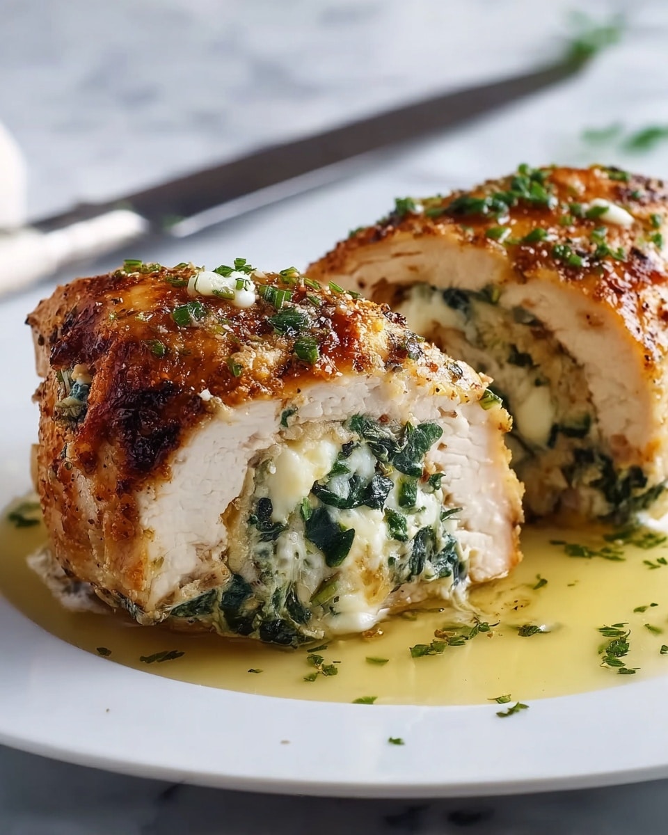 A close-up view of two stuffed chicken breasts on a white plate, placed on a white marbled surface. The chicken breast in front is cut open to show its inside layers: the outside is golden brown with a crispy, herb-speckled crust, and the inside contains creamy cheese mixed with dark green spinach and herbs, creating a soft, textured filling. The chicken sits in a light, glossy sauce that pools slightly on the plate, and small green herb pieces are sprinkled on top as garnish. Photo taken with an iphone --ar 4:5 --v 7