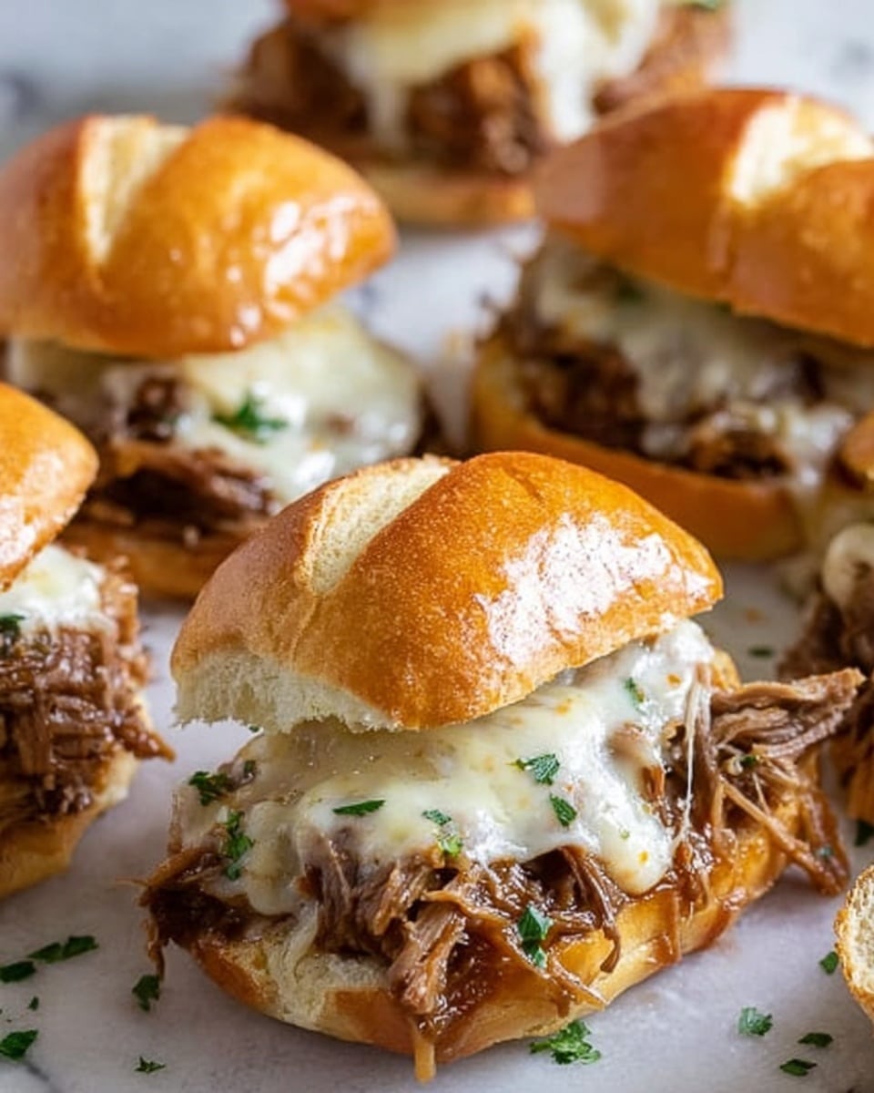 A close-up of several pulled pork sandwiches on a white marbled surface, each sandwich has a golden-brown toasted bun top layer with a slightly shiny, crisp texture. Beneath the bun is a layer of melted white cheese that drapes softly over a thick layer of brown shredded pulled pork, showing moist strands with some darker seasoning spots. Small green chopped herbs are sprinkled on top of the cheese and around the sandwiches, adding contrast. The sandwiches are resting on a light-colored parchment paper. The scene looks warm and inviting with soft natural light. photo taken with an iphone --ar 4:5 --v 7