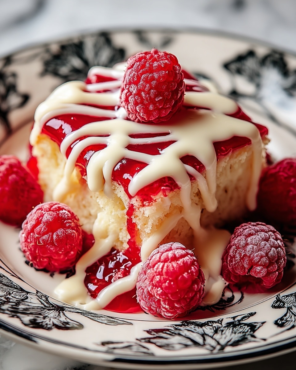 A single square piece of light yellow sponge cake sits in the middle of a white plate with a black floral pattern, topped with a thick layer of glossy red raspberry sauce that covers the cake’s surface. Over the red layer, creamy white icing is drizzled in a web-like pattern, flowing down the sides onto the plate. Fresh, bright red raspberries with a frosty texture surround the cake on the plate, with one raspberry placed right on top. The background shows a white marbled texture. photo taken with an iphone --ar 4:5 --v 7