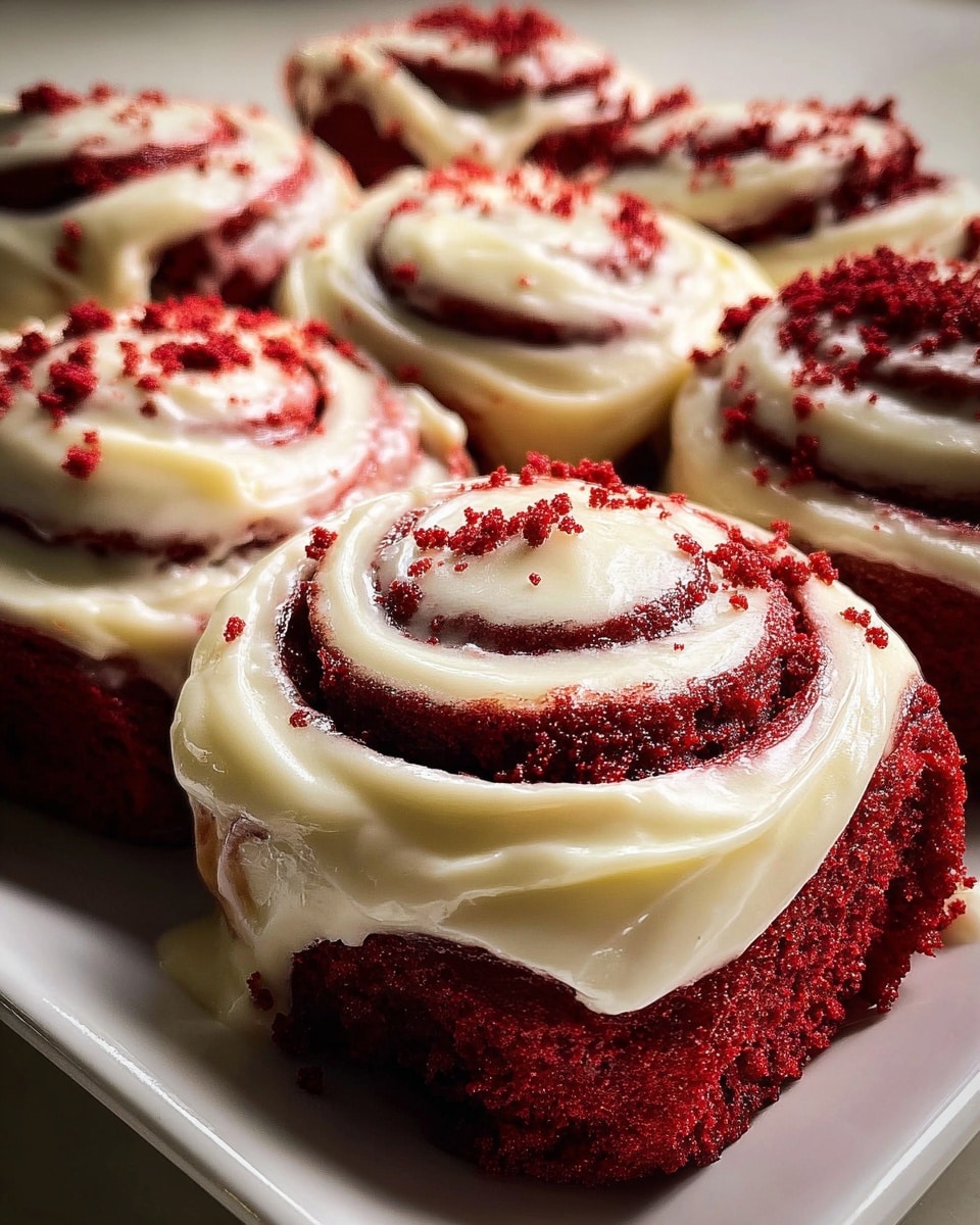 A close-up view of six red velvet cinnamon rolls arranged tightly on a white square plate, each roll has thick white cream cheese frosting swirled on top following the spiral shape, with some frosting dripping down the sides; the bright red sponge layers are soft and slightly crumbly, showing a rich texture; the tops of the rolls have a light sprinkle of red velvet crumbs, enhancing the contrast between the red cake and the creamy white frosting. photo taken with an iphone --ar 4:5 --v 7