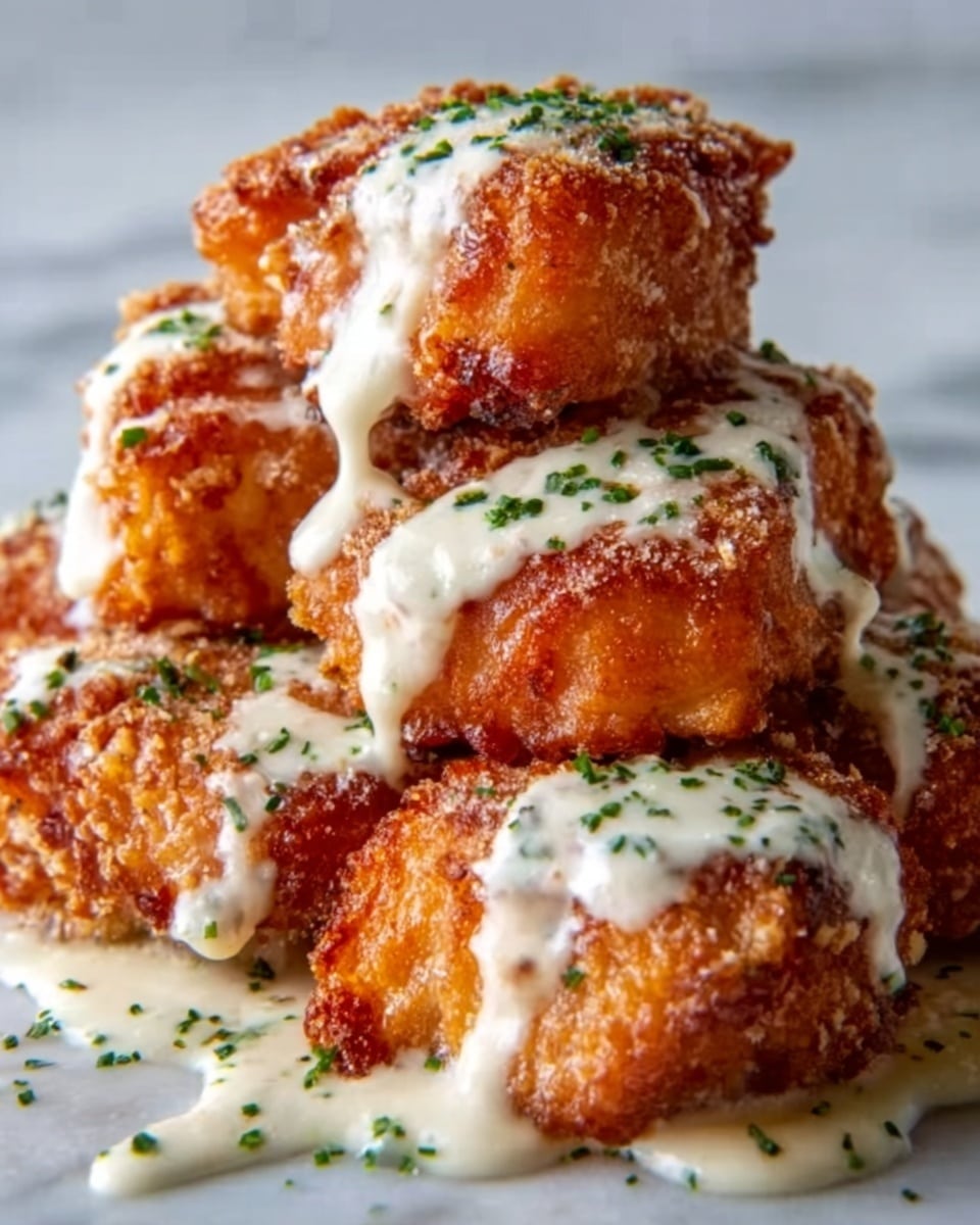 The image shows crispy fried chicken pieces with a golden brown crunchy coating on the outside. Each piece is topped with a layer of creamy white melted cheese that slowly drips down the sides. Small green chopped herbs are sprinkled evenly over the cheese and chicken. The chicken pieces are stacked close together on a white plate, set on a white marbled surface. The lighting highlights the textures of the crispy coating and the smooth melted cheese. photo taken with an iphone --ar 4:5 --v 7